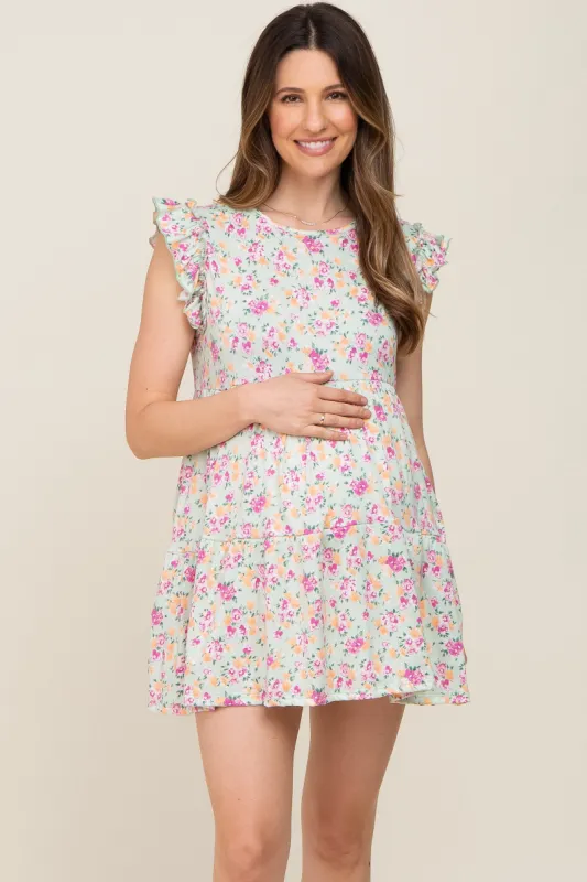 Light Green Floral Ruffle Accent Maternity Mini Dress sold by Pinkblush