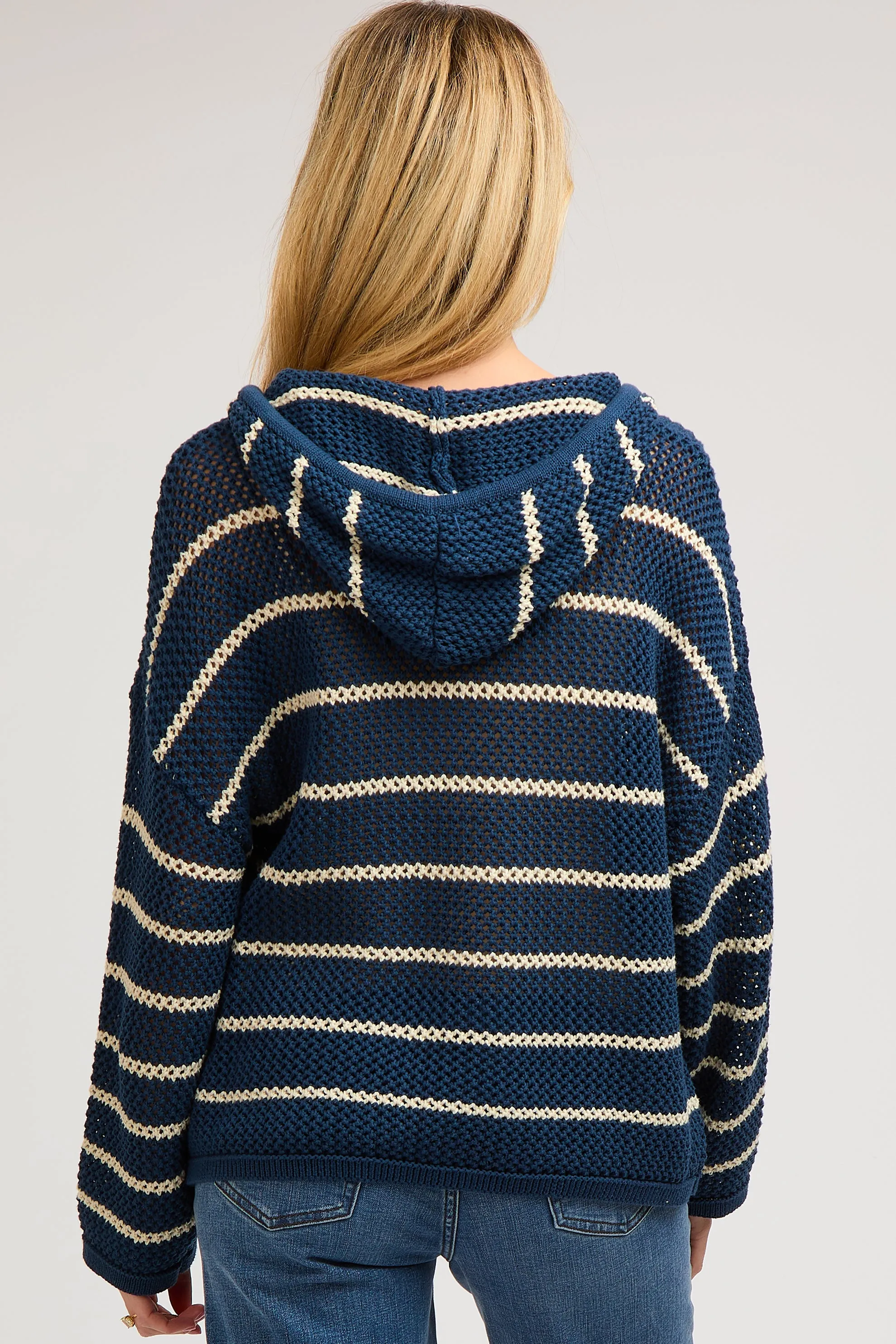Navy Striped Open Knit Hooded Maternity Long Sleeve Top sold by Pinkblush product image thumbnail 4