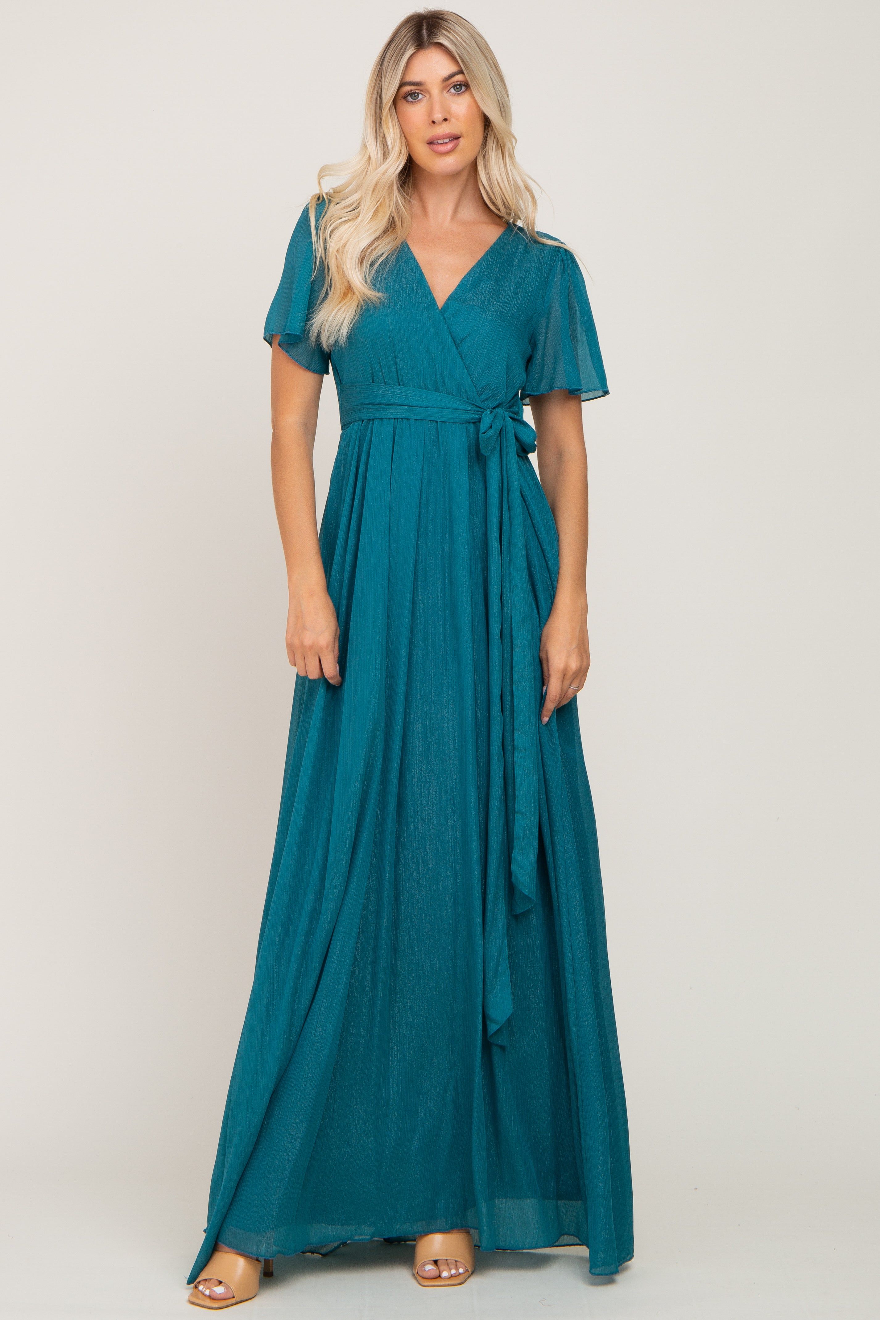 Teal Metallic Shimmer Chiffon Maternity Maxi Dress sold by Pinkblush product image thumbnail 4