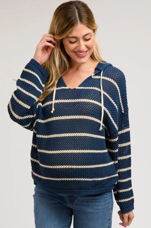 Navy Striped Open Knit Hooded Maternity Long Sleeve Top sold by Pinkblush
