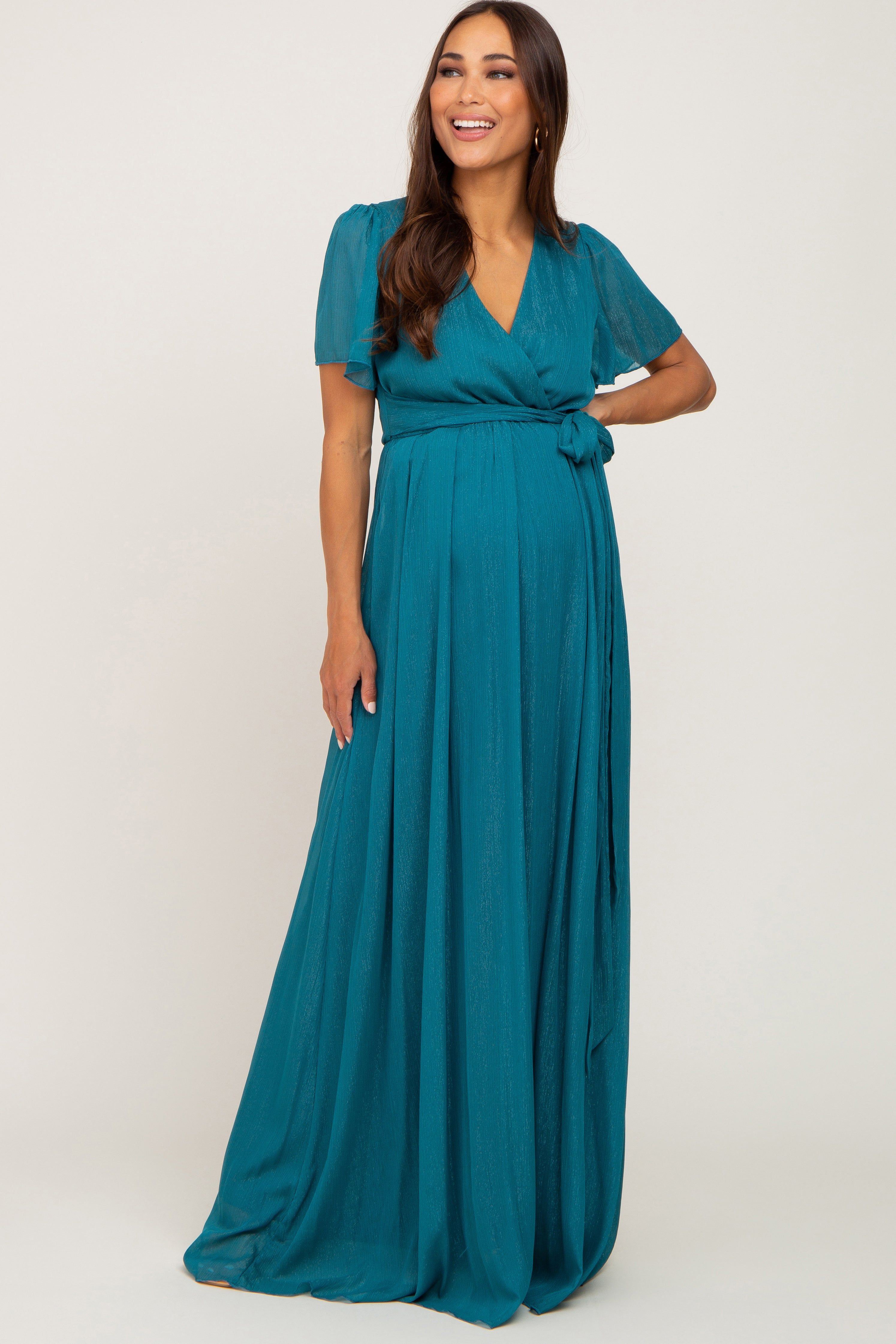 Teal Metallic Shimmer Chiffon Maternity Maxi Dress sold by Pinkblush