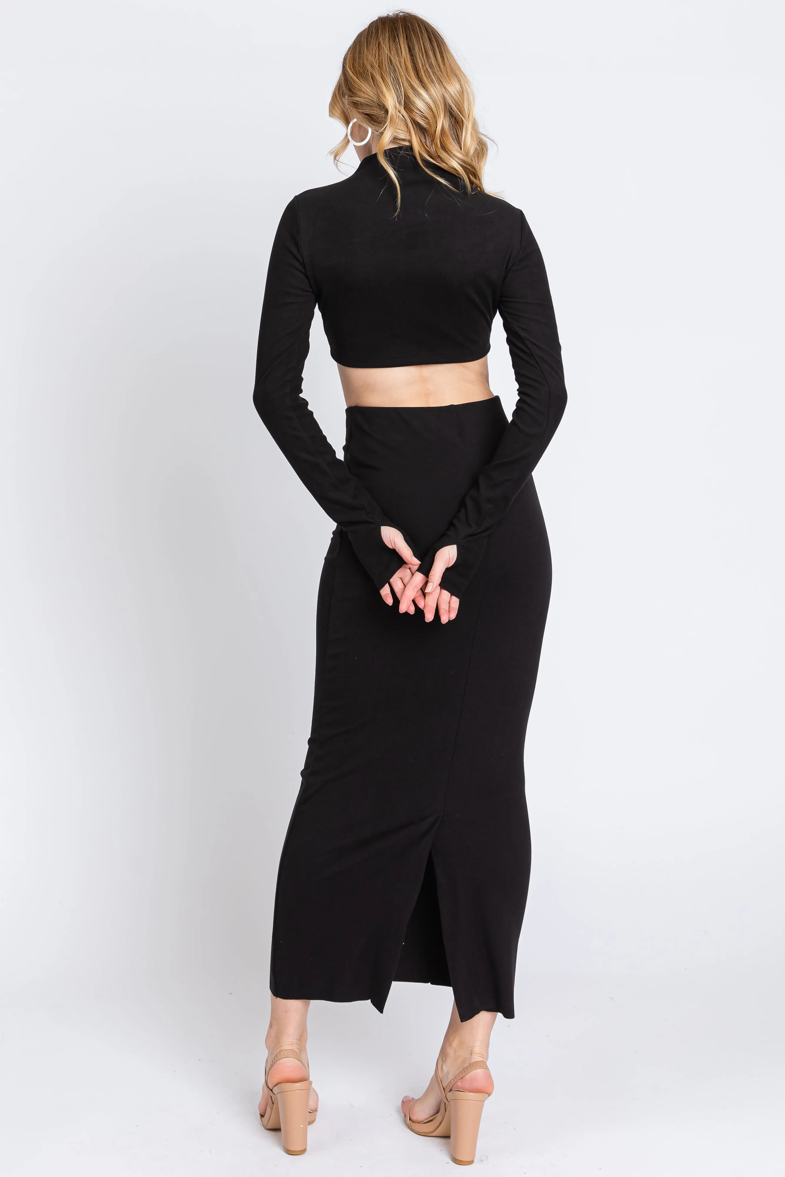 Black Mock Neck Long Sleeve Crop Midi Skirt Set sold by Pinkblush product image thumbnail 3