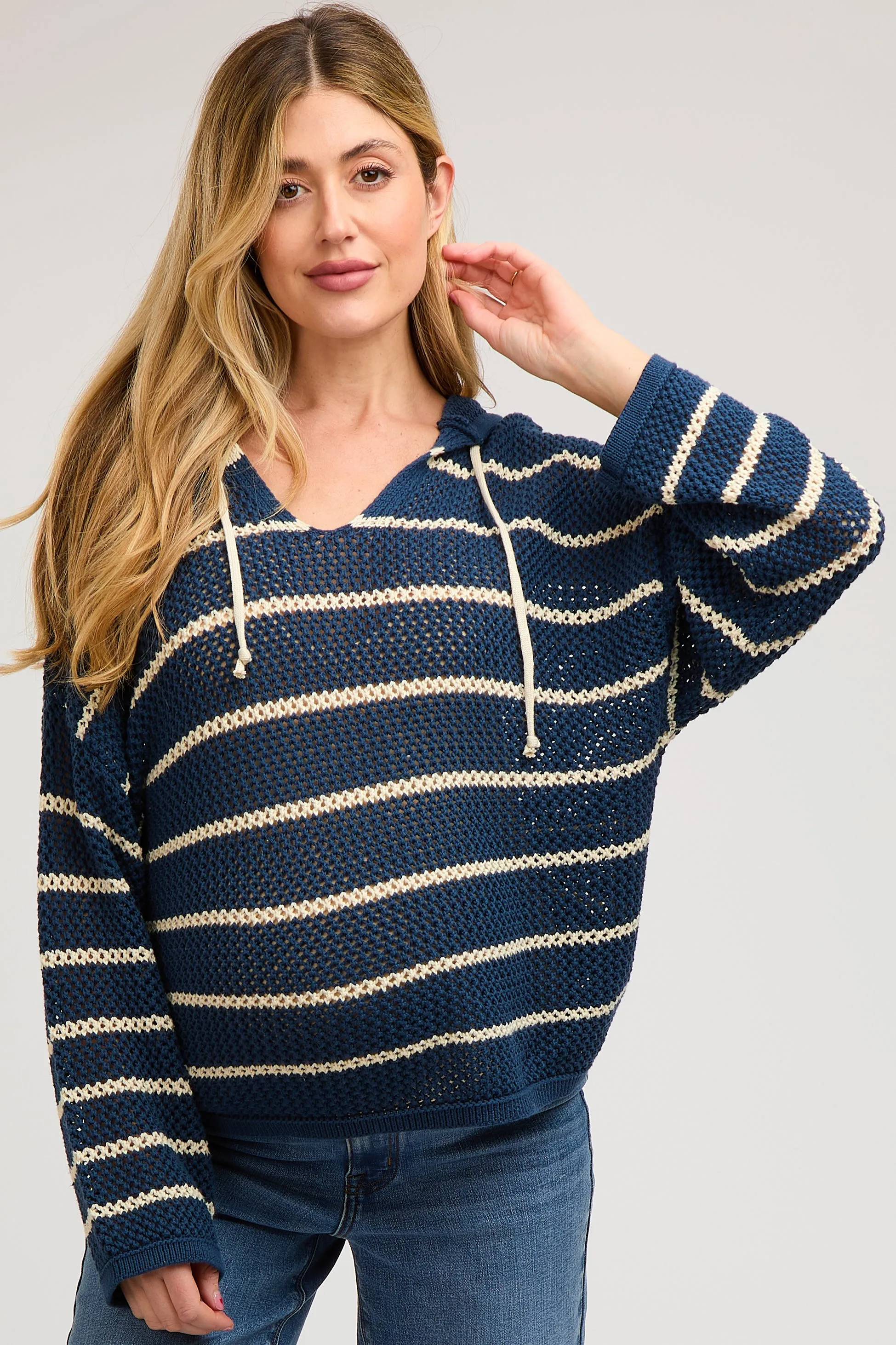 Navy Striped Open Knit Hooded Maternity Long Sleeve Top sold by Pinkblush product image thumbnail 2