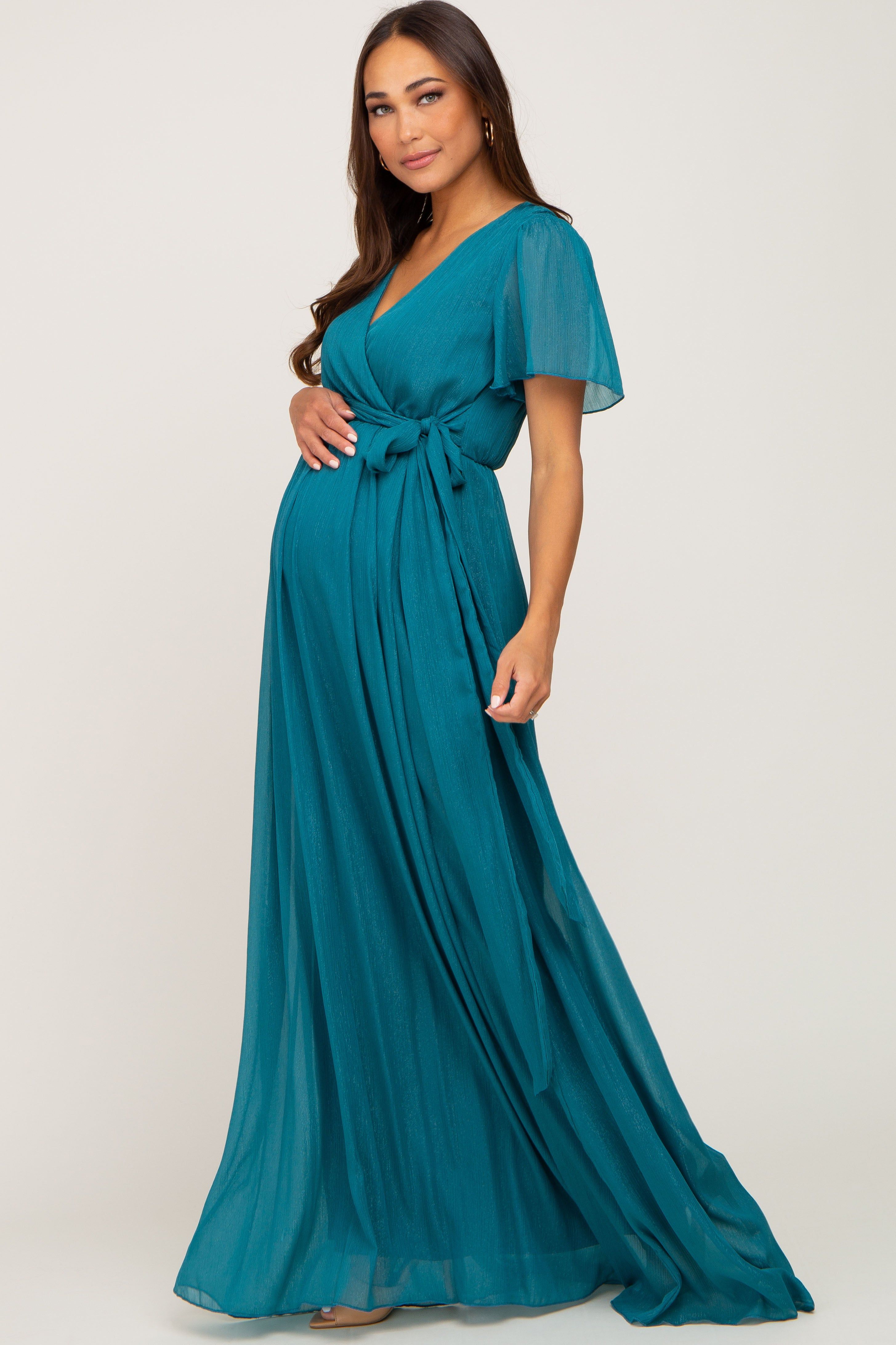 Teal Metallic Shimmer Chiffon Maternity Maxi Dress sold by Pinkblush product image thumbnail 2