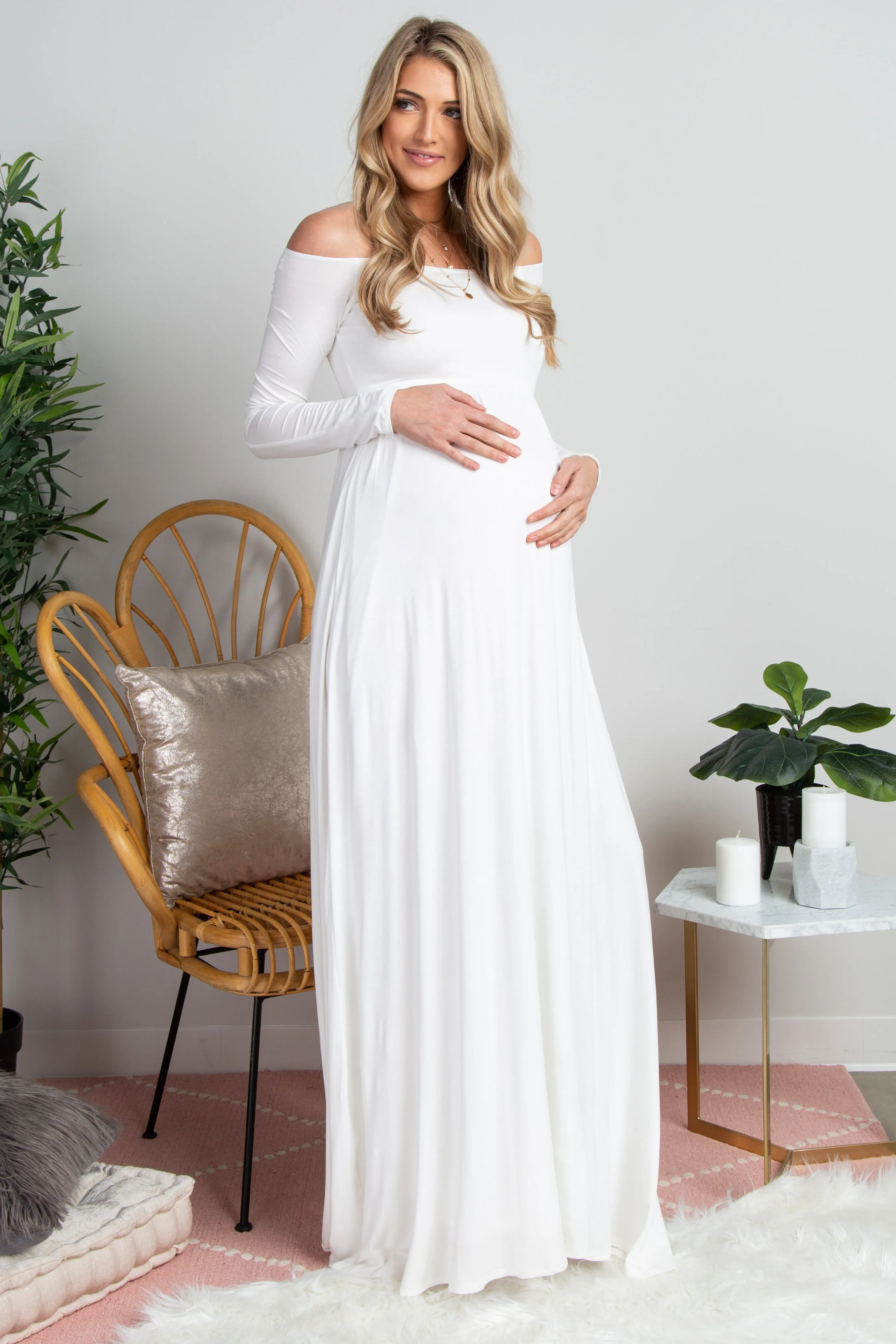 PinkBlush Tall Ivory Solid Off Shoulder Maternity Maxi Dress sold by Pinkblush product image thumbnail 5