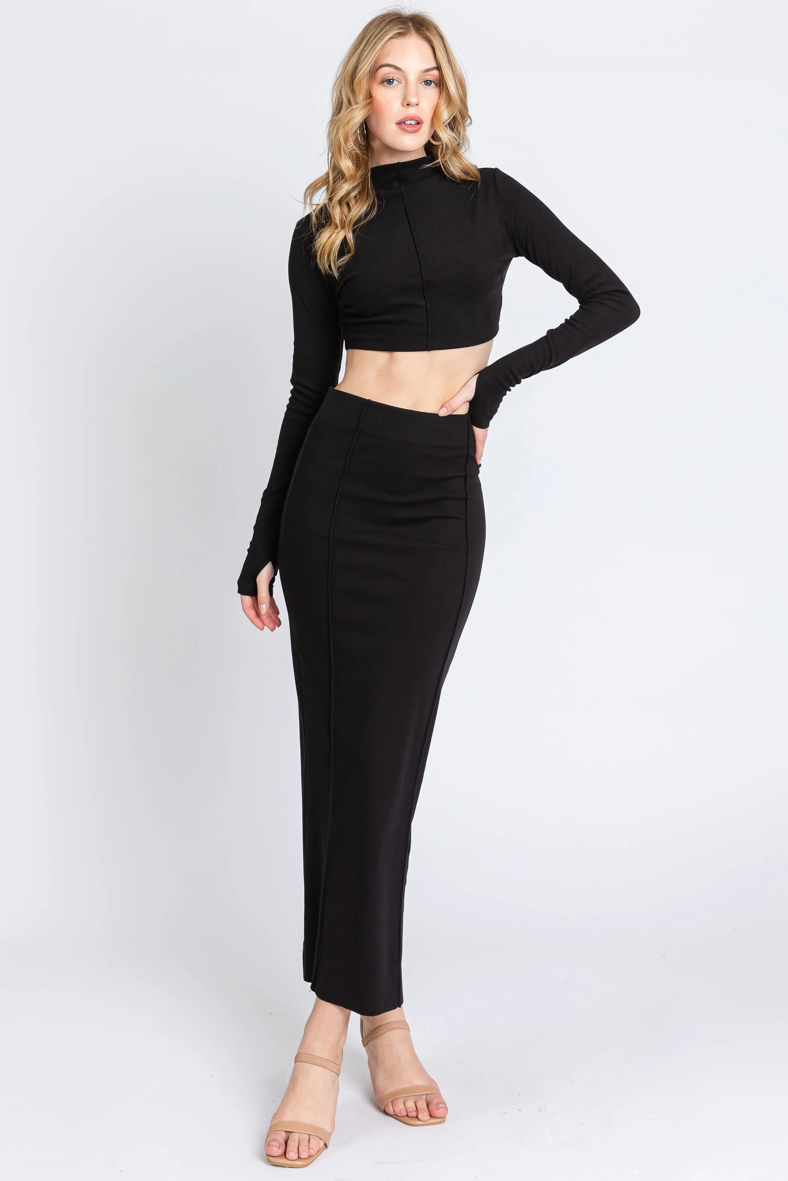 Black Mock Neck Long Sleeve Crop Midi Skirt Set sold by Pinkblush