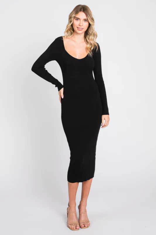 Black Ribbed Long Sleeve Midi Dress sold by Pinkblush