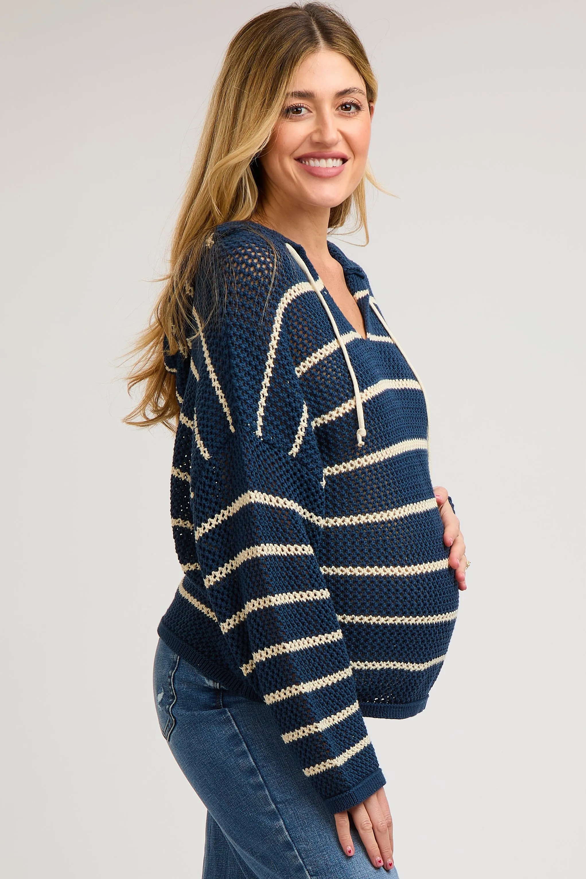 Navy Striped Open Knit Hooded Maternity Long Sleeve Top sold by Pinkblush product image thumbnail 3