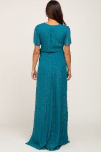 Teal Metallic Shimmer Chiffon Maternity Maxi Dress sold by Pinkblush