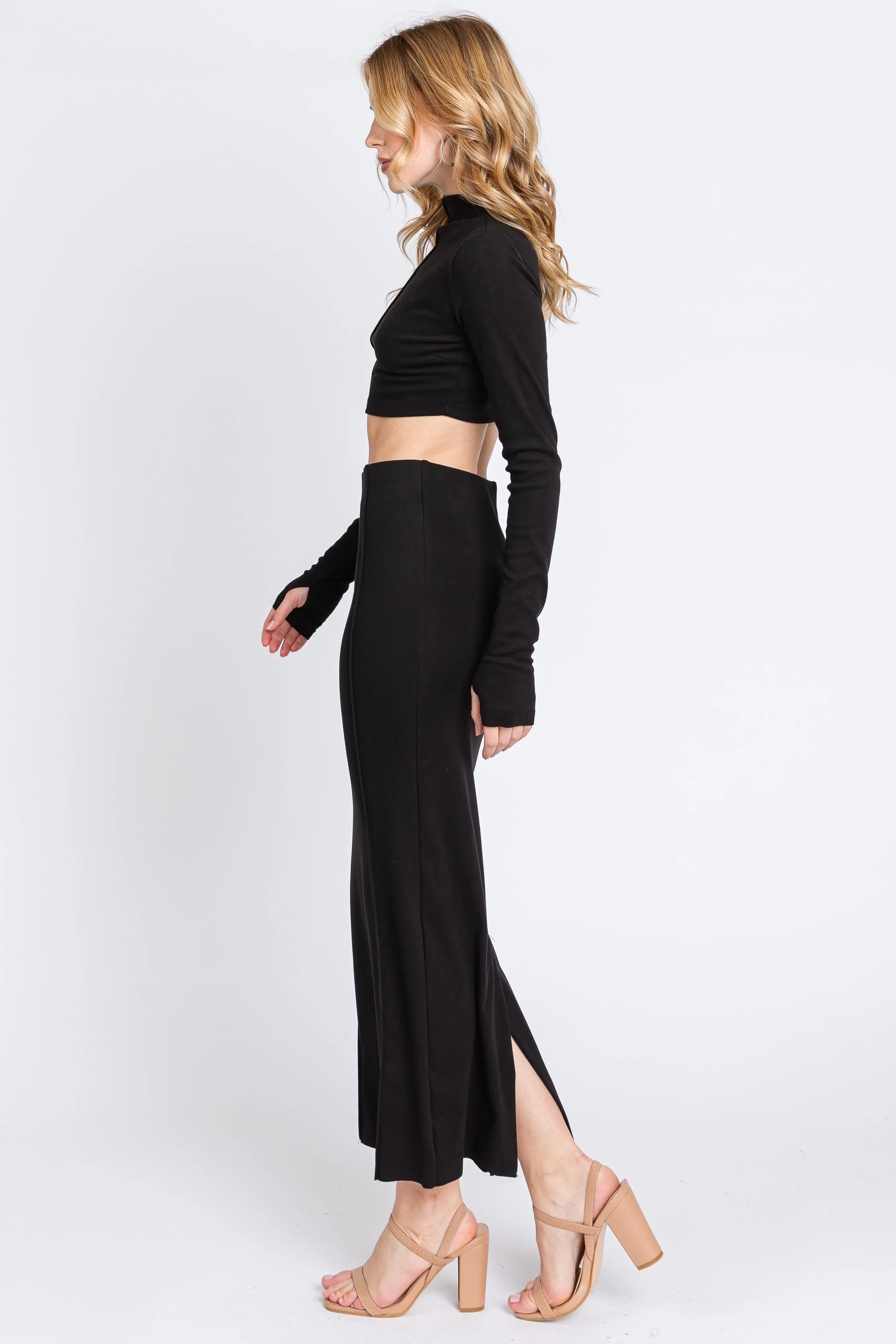 Black Mock Neck Long Sleeve Crop Midi Skirt Set sold by Pinkblush product image thumbnail 2