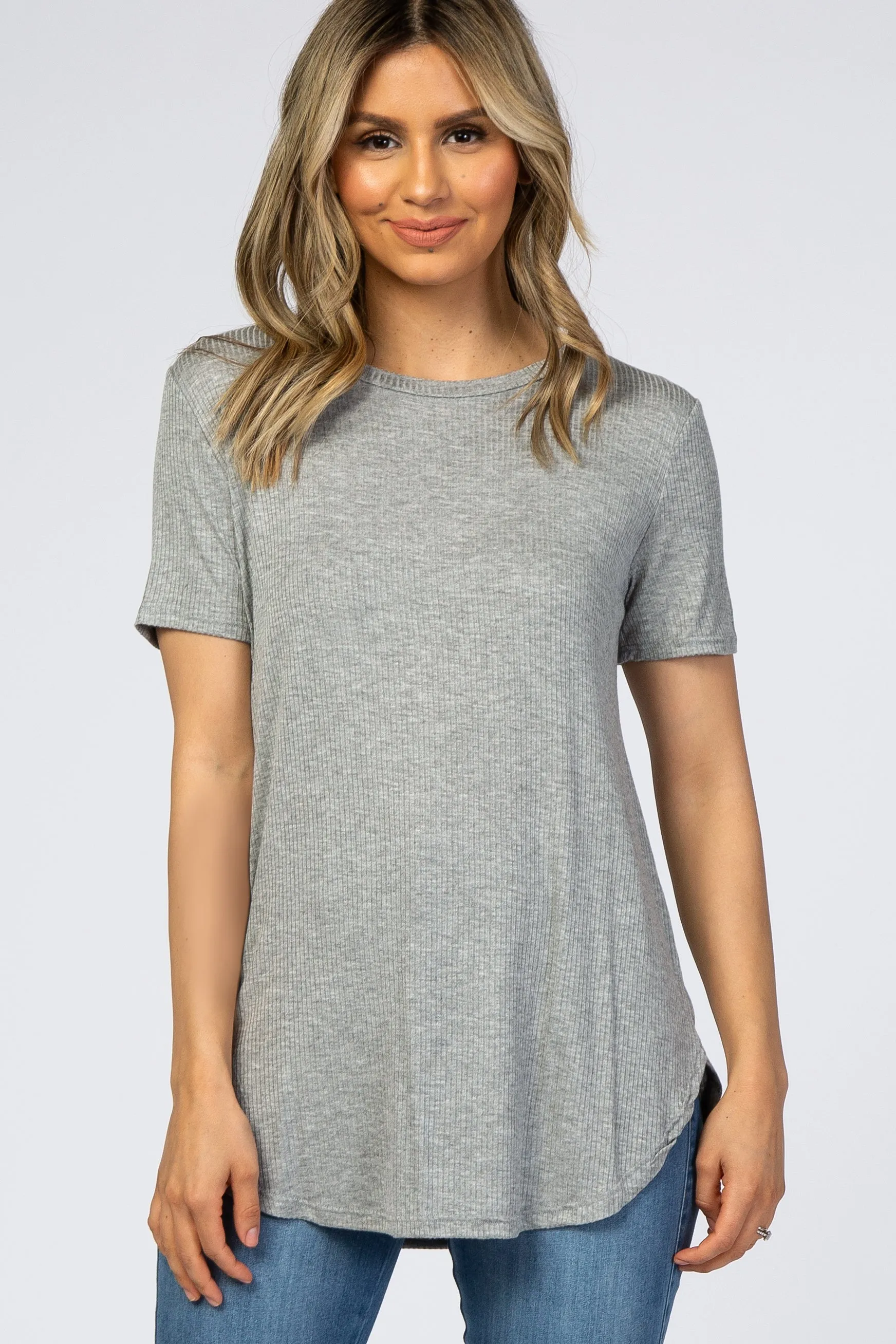 Heather Grey Ribbed Round Hem Top sold by Pinkblush