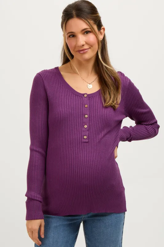 Plum Ribbed Maternity Henley Top sold by Pinkblush