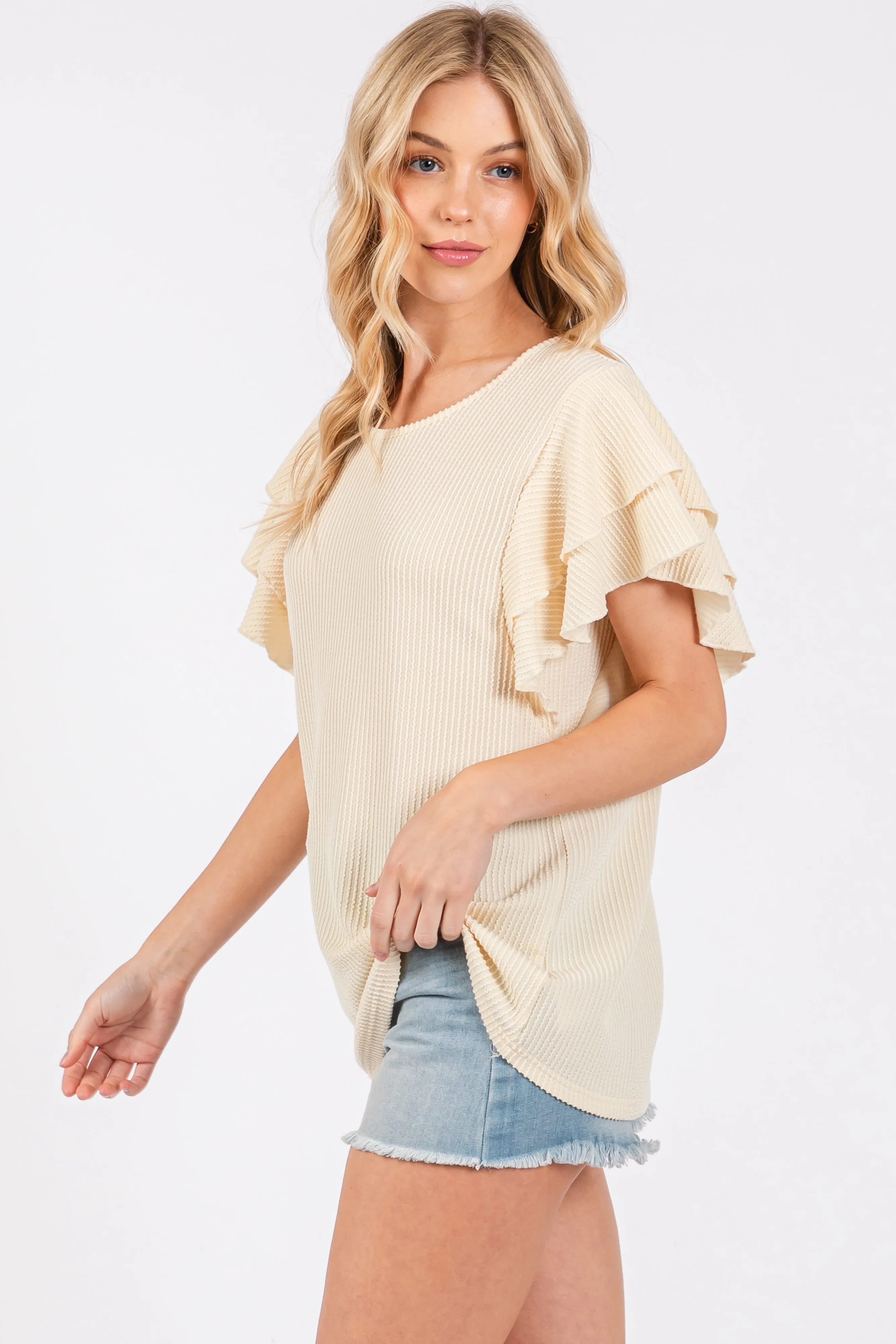 Cream Ruffle Sleeve Ribbed Top sold by Pinkblush product image thumbnail 2