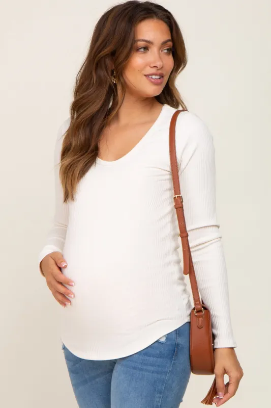 Ivory Ribbed Scoop Neck Long Sleeve Maternity Top sold by Pinkblush
