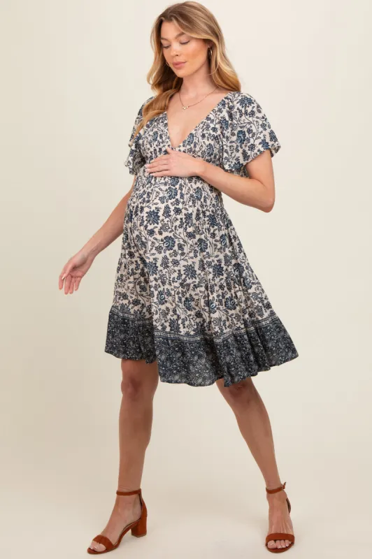 Navy Blue Floral Smocked V-Neck Tiered Maternity Dress sold by Pinkblush