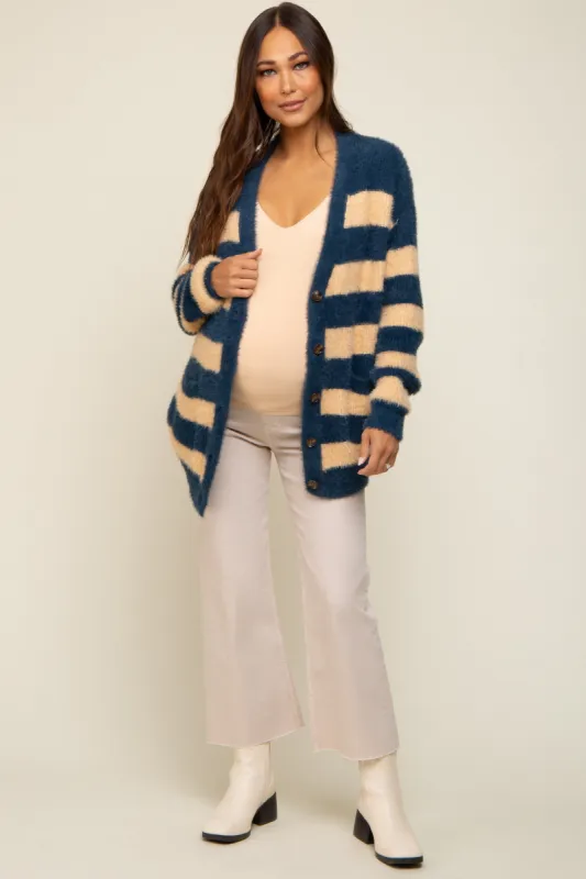 Navy Blue Striped Fuzzy Maternity Cardigan sold by Pinkblush