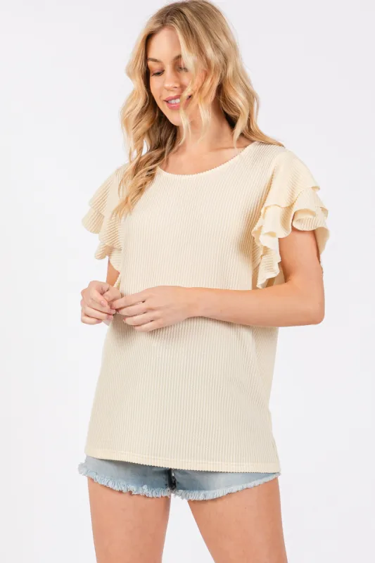Cream Ruffle Sleeve Ribbed Top sold by Pinkblush