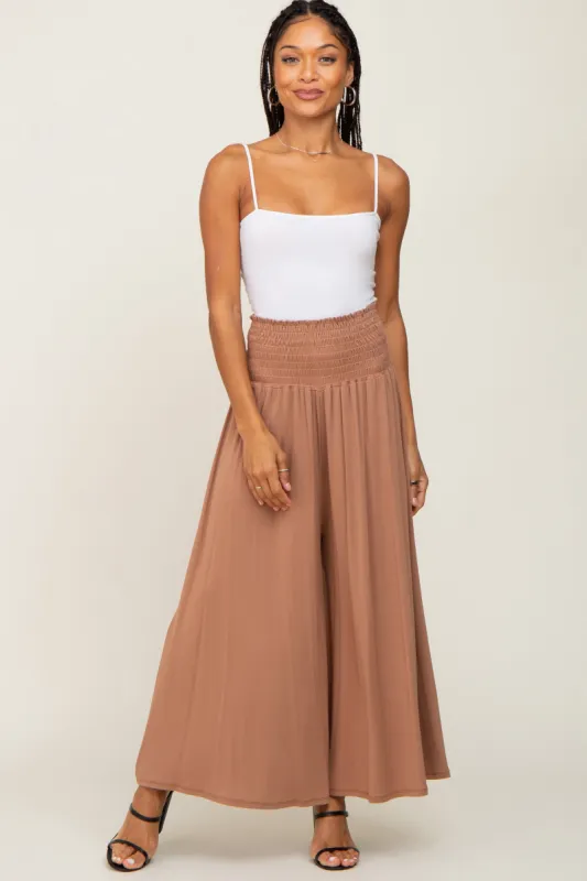 Mocha Smocked Wide Leg Pants sold by Pinkblush