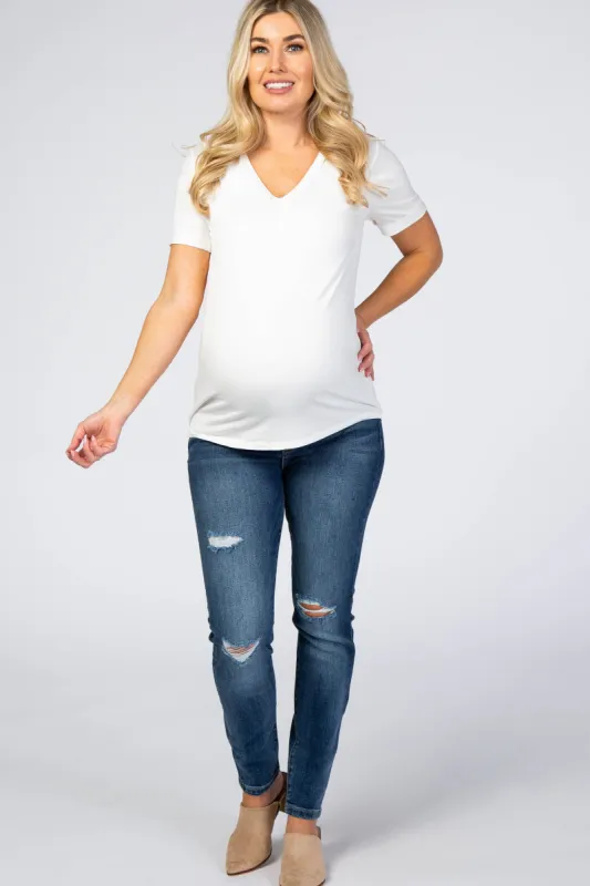 Medium Wash Distressed Maternity Jeans sold by Pinkblush