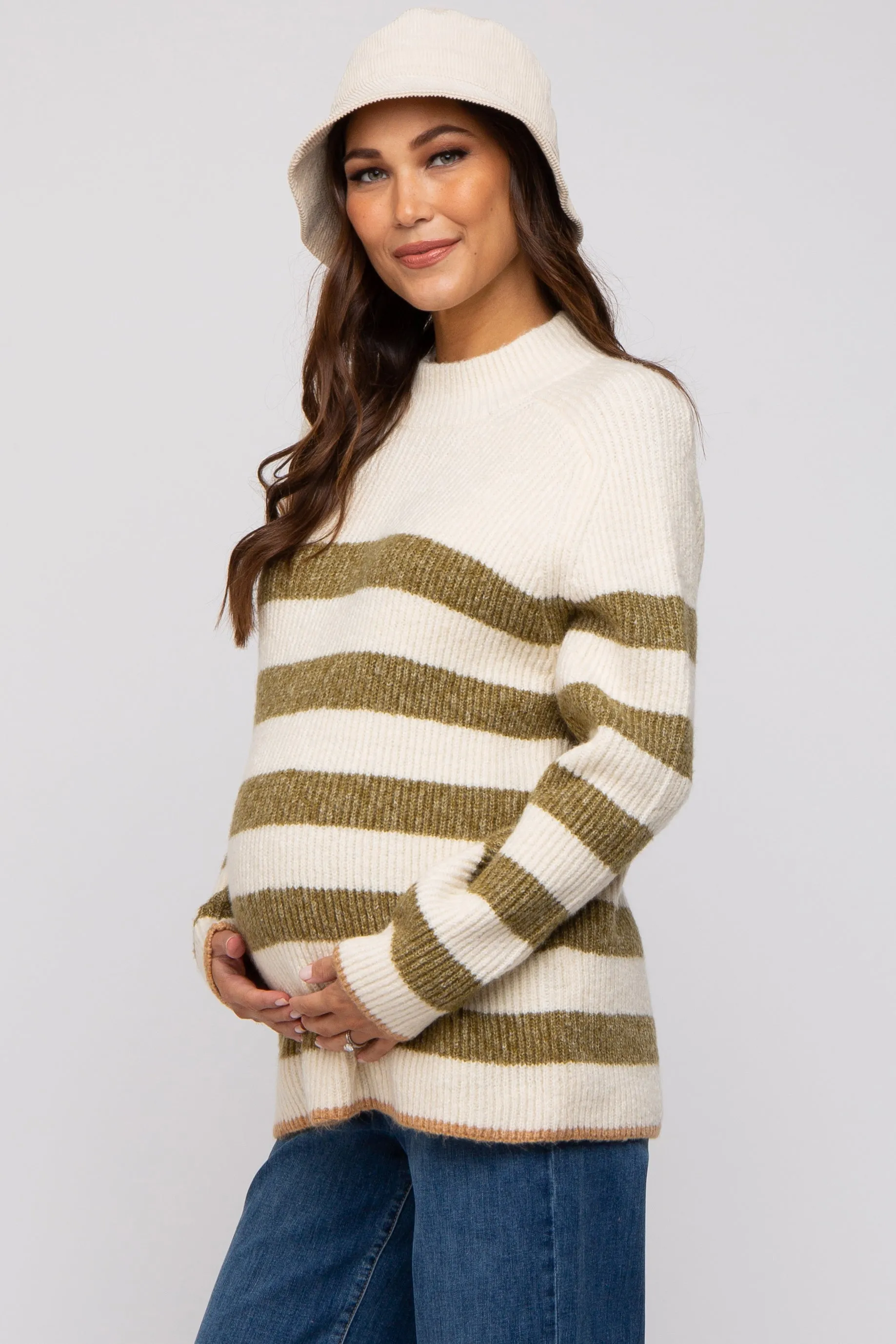 Olive Striped Color Block Mock Neck Maternity Sweater sold by Pinkblush product image thumbnail 3