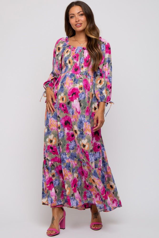 Lavender Floral Smocked Square Neck Maternity Midi Dress sold by Pinkblush product image thumbnail 5