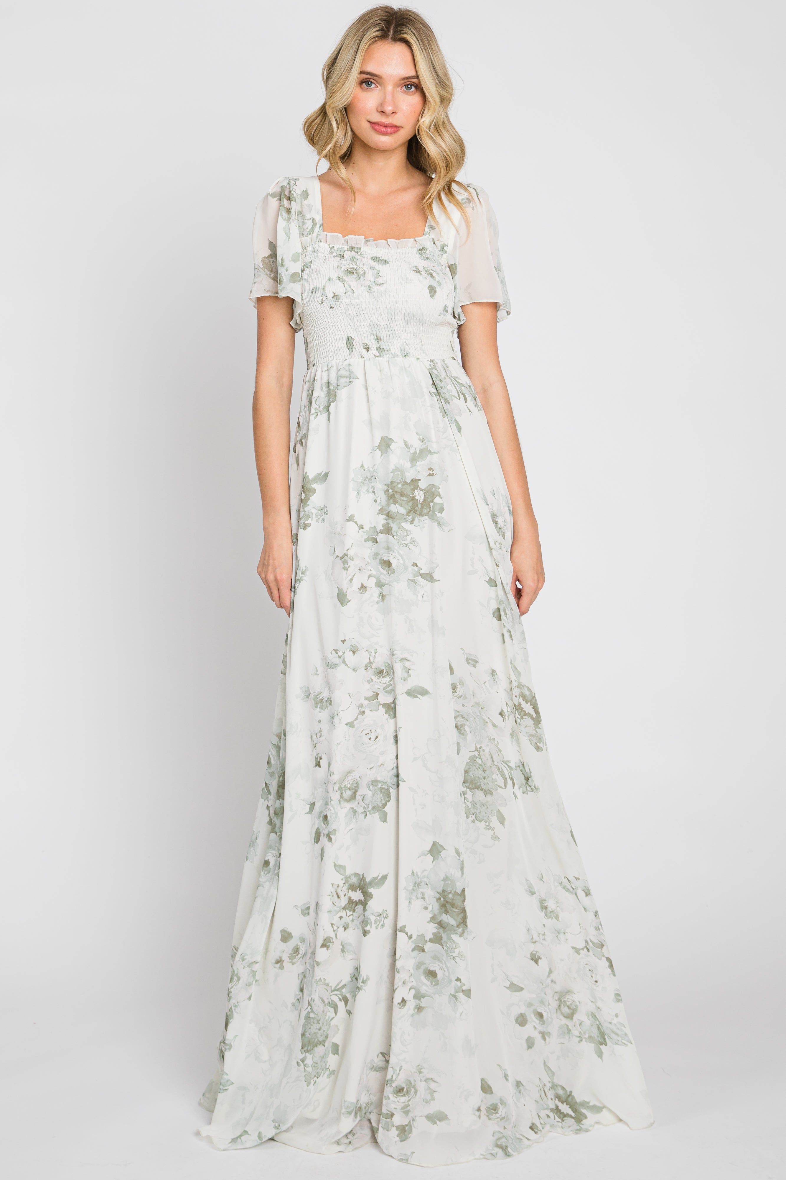 Mint Green Floral Chiffon Square Neck Smocked Maxi Dress sold by Pinkblush product image thumbnail 4