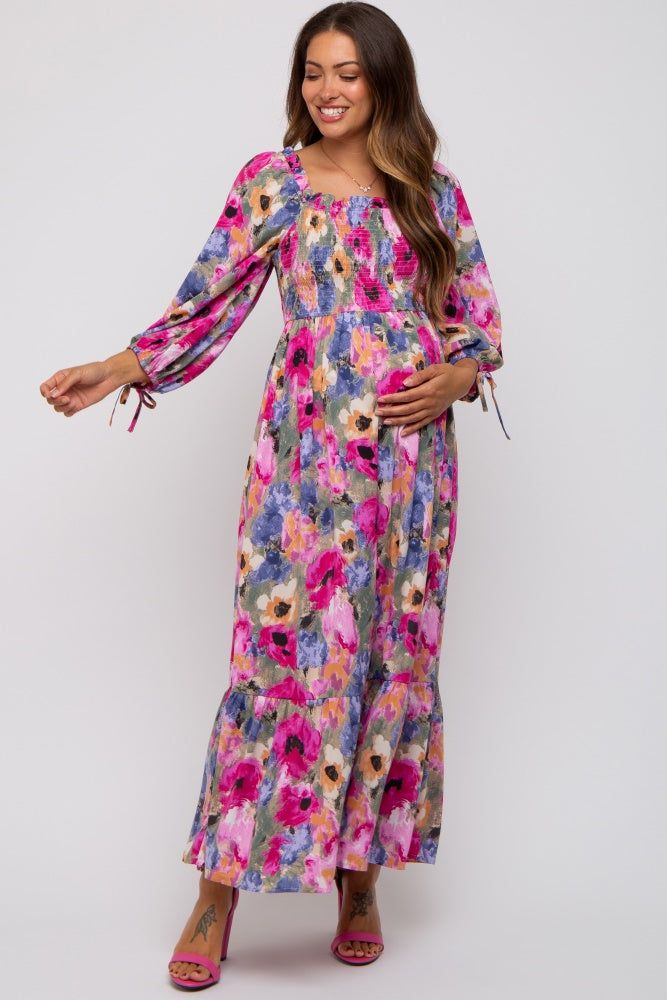 Lavender Floral Smocked Square Neck Maternity Midi Dress sold by Pinkblush product image thumbnail 2