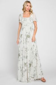 Mint Green Floral Chiffon Square Neck Smocked Maxi Dress sold by Pinkblush