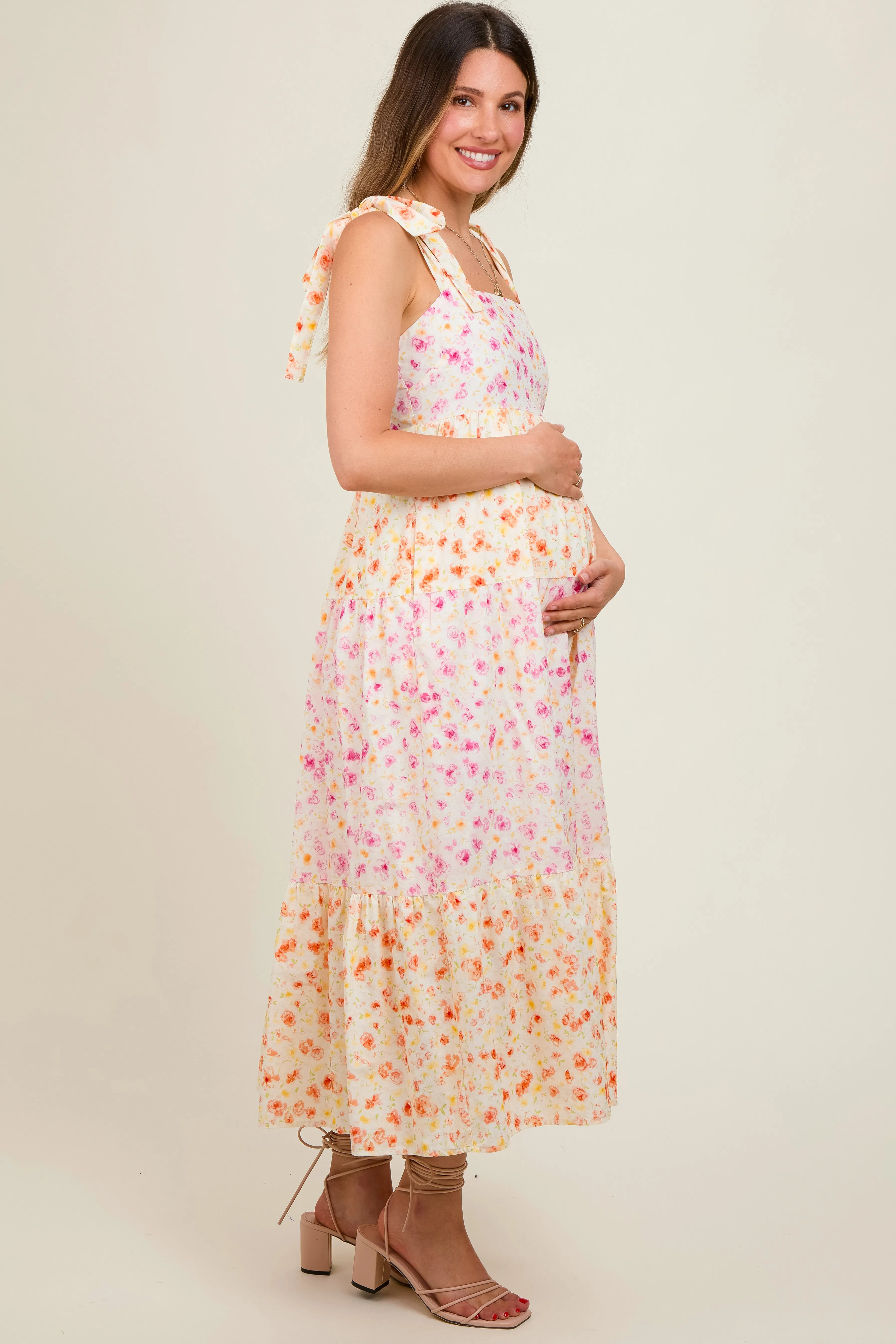 Multi-Color Floral Square Neck Shoulder Tie Tiered Maternity Midi Dress sold by Pinkblush product image thumbnail 3