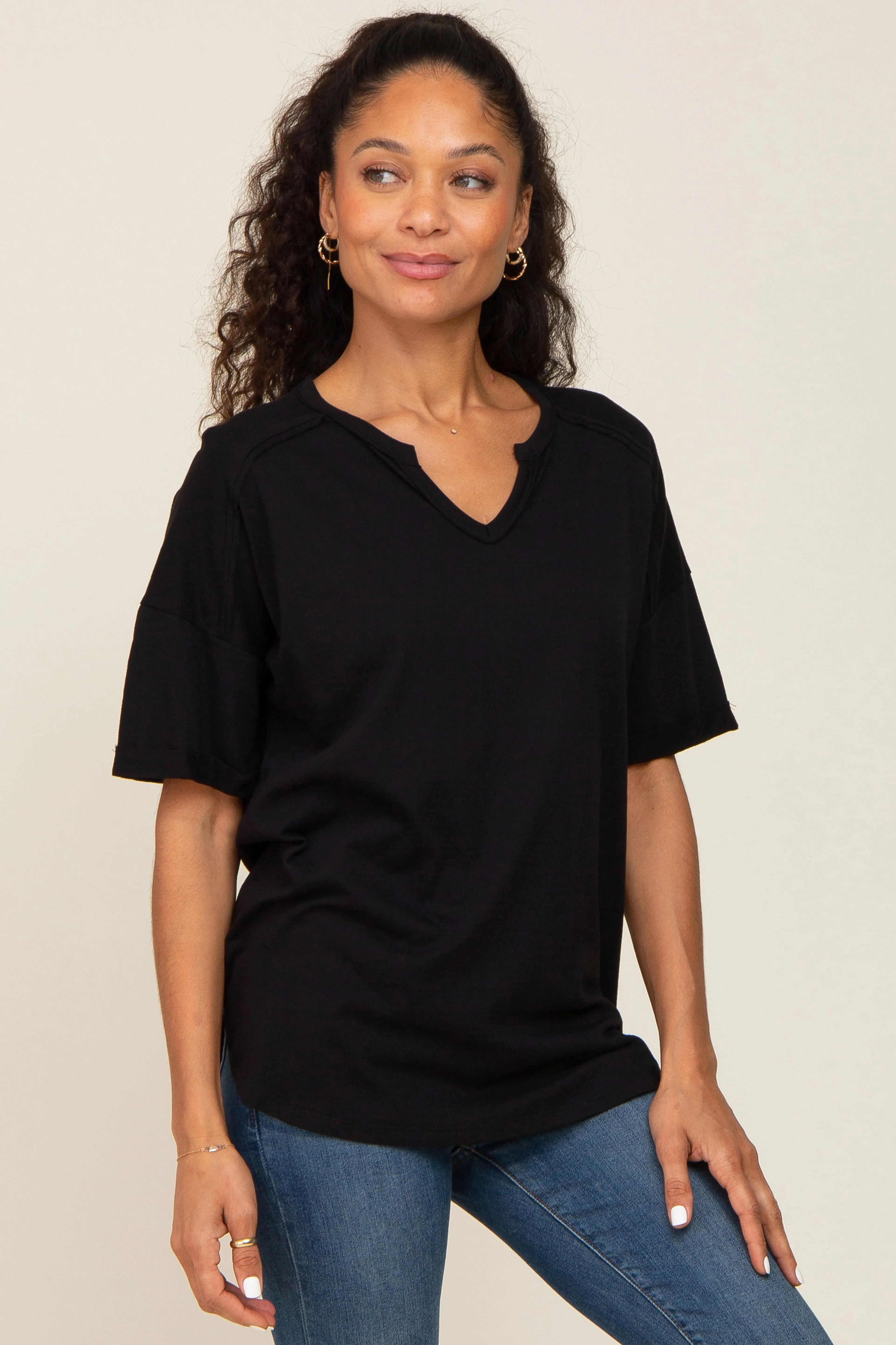 Black Oversized V-Neck Cuffed Short Sleeve Maternity Tee sold by Pinkblush product image thumbnail 5