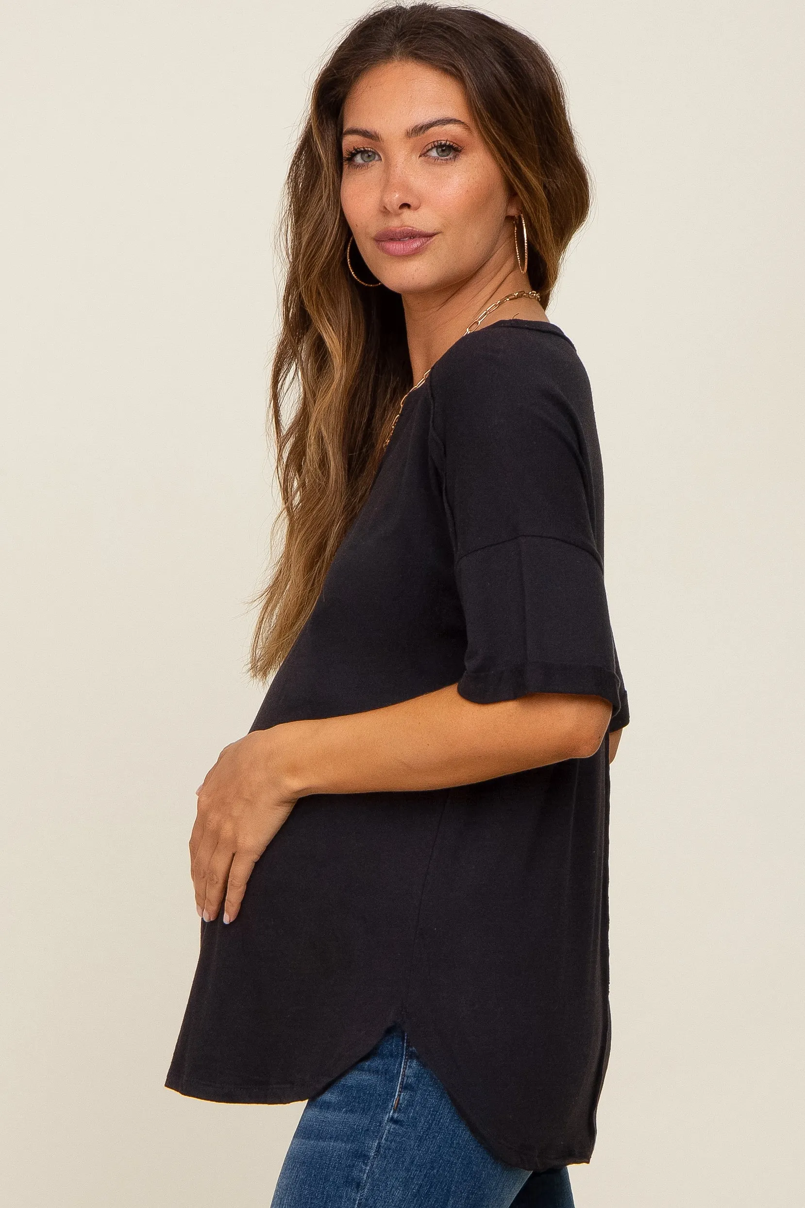 Black Oversized V-Neck Cuffed Short Sleeve Maternity Tee sold by Pinkblush product image thumbnail 2