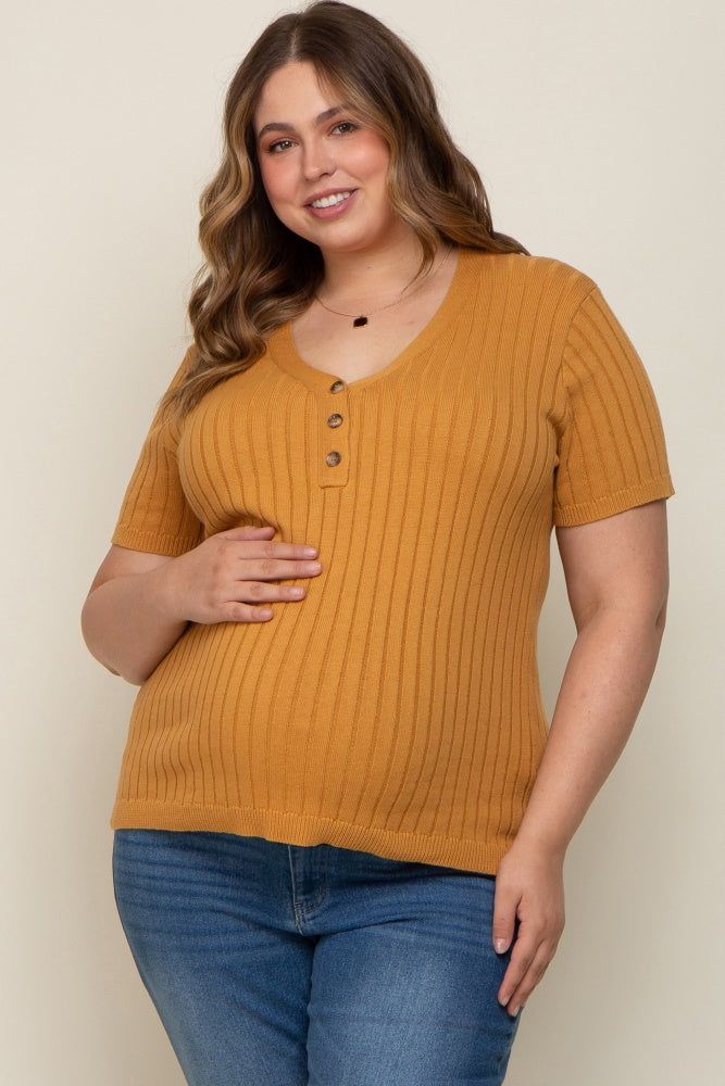 Camel Ribbed Knit Button Plus Maternity Top sold by Pinkblush