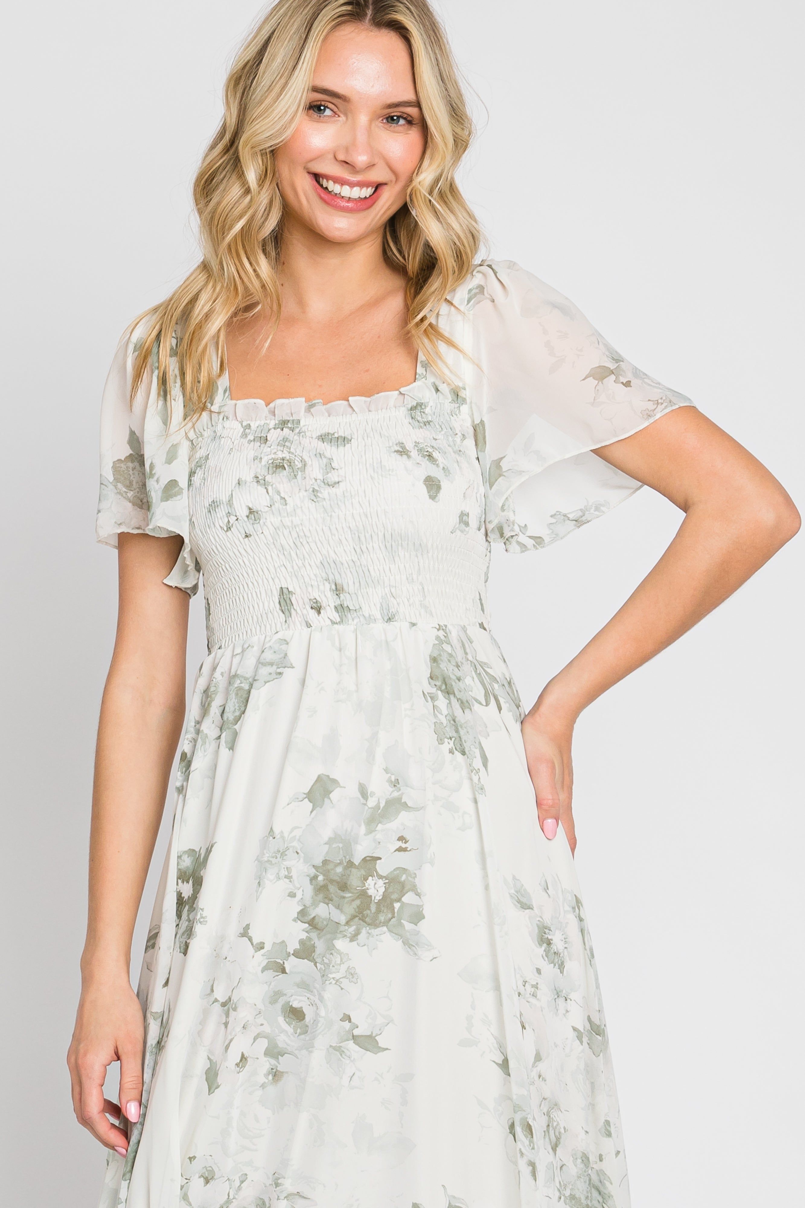 Mint Green Floral Chiffon Square Neck Smocked Maxi Dress sold by Pinkblush product image thumbnail 5