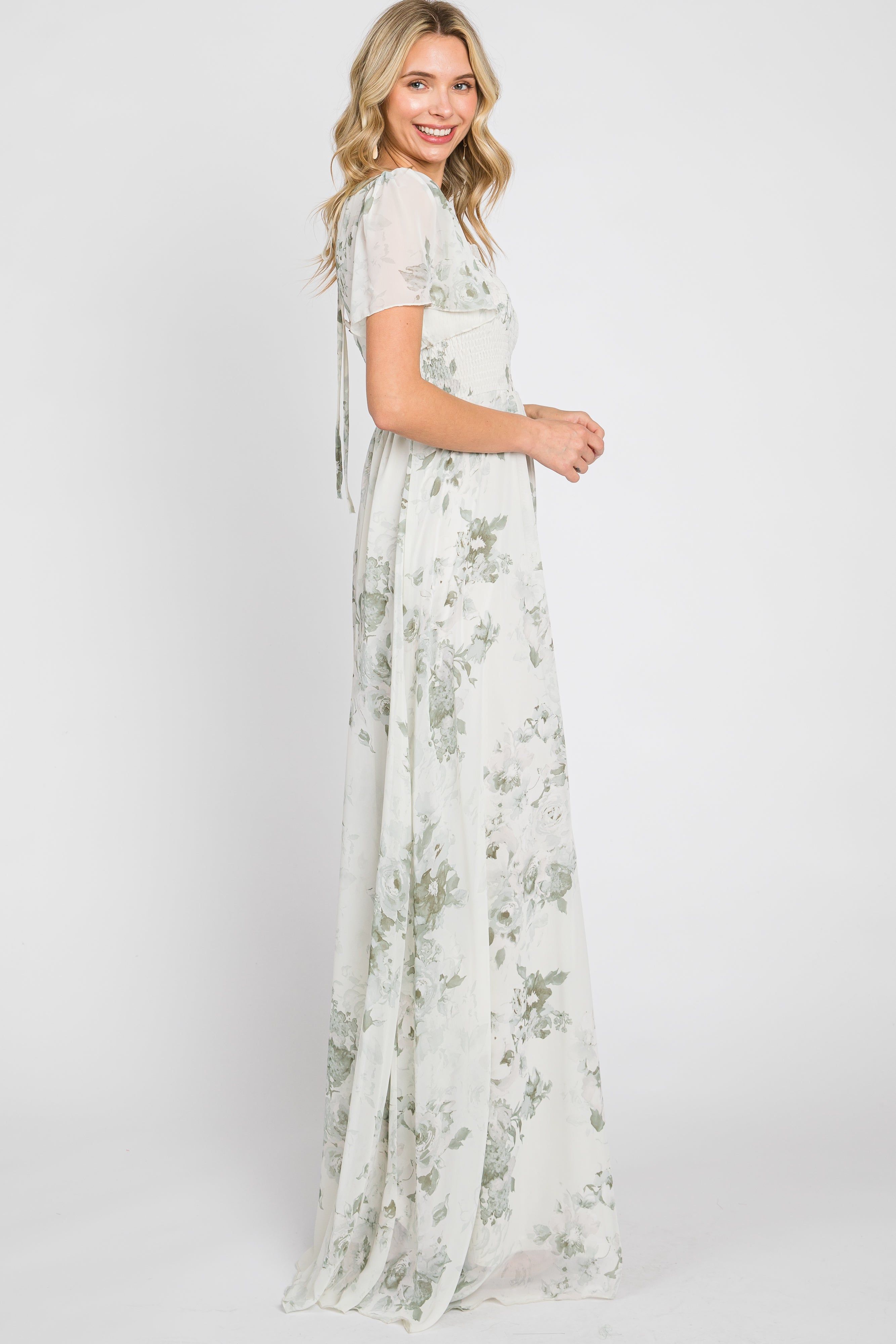 Mint Green Floral Chiffon Square Neck Smocked Maxi Dress sold by Pinkblush product image thumbnail 2
