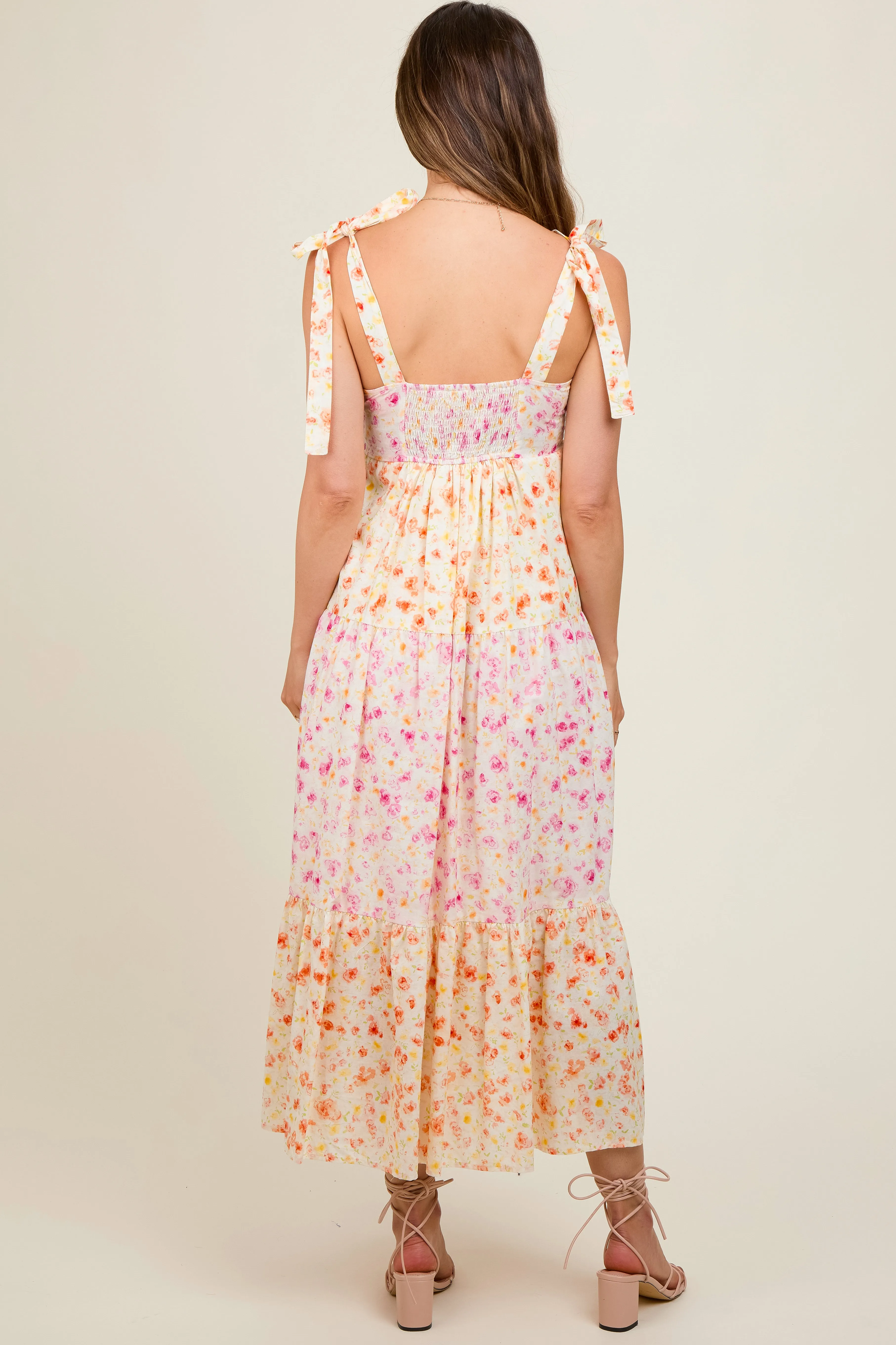 Multi-Color Floral Square Neck Shoulder Tie Tiered Maternity Midi Dress sold by Pinkblush product image thumbnail 4