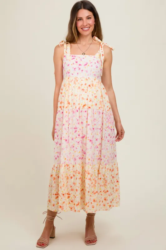 Multi-Color Floral Square Neck Shoulder Tie Tiered Maternity Midi Dress sold by Pinkblush