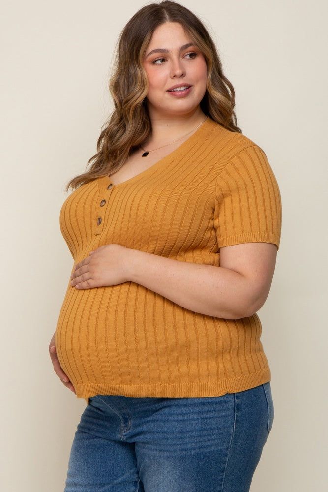 Camel Ribbed Knit Button Plus Maternity Top sold by Pinkblush product image thumbnail 2