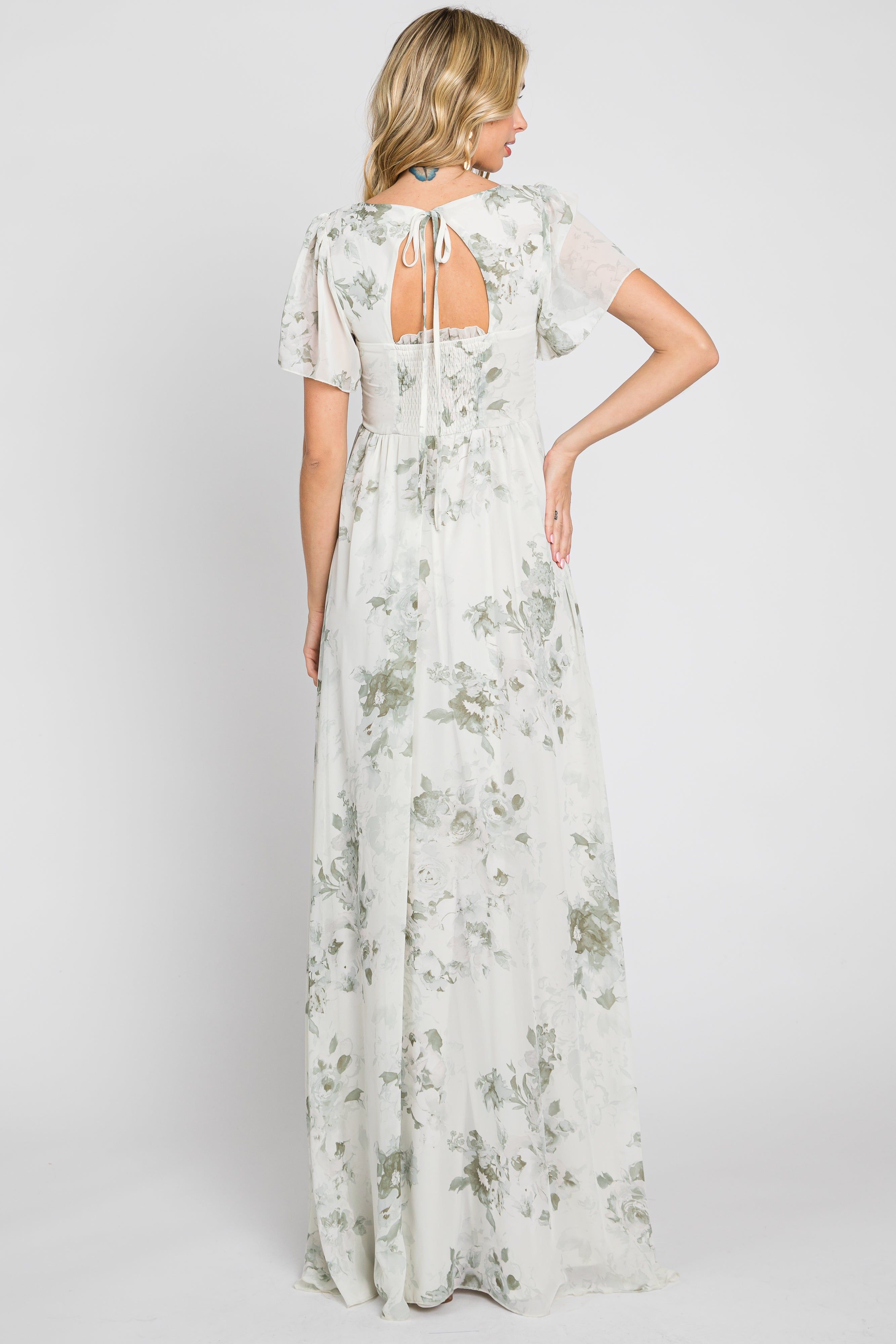 Mint Green Floral Chiffon Square Neck Smocked Maxi Dress sold by Pinkblush product image thumbnail 3