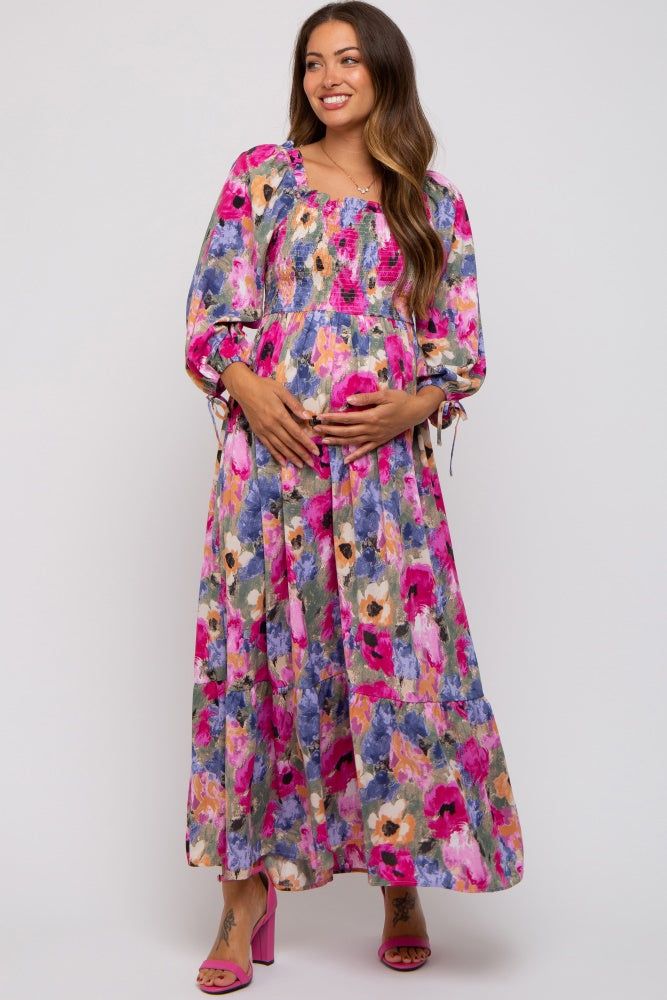 Lavender Floral Smocked Square Neck Maternity Midi Dress sold by Pinkblush