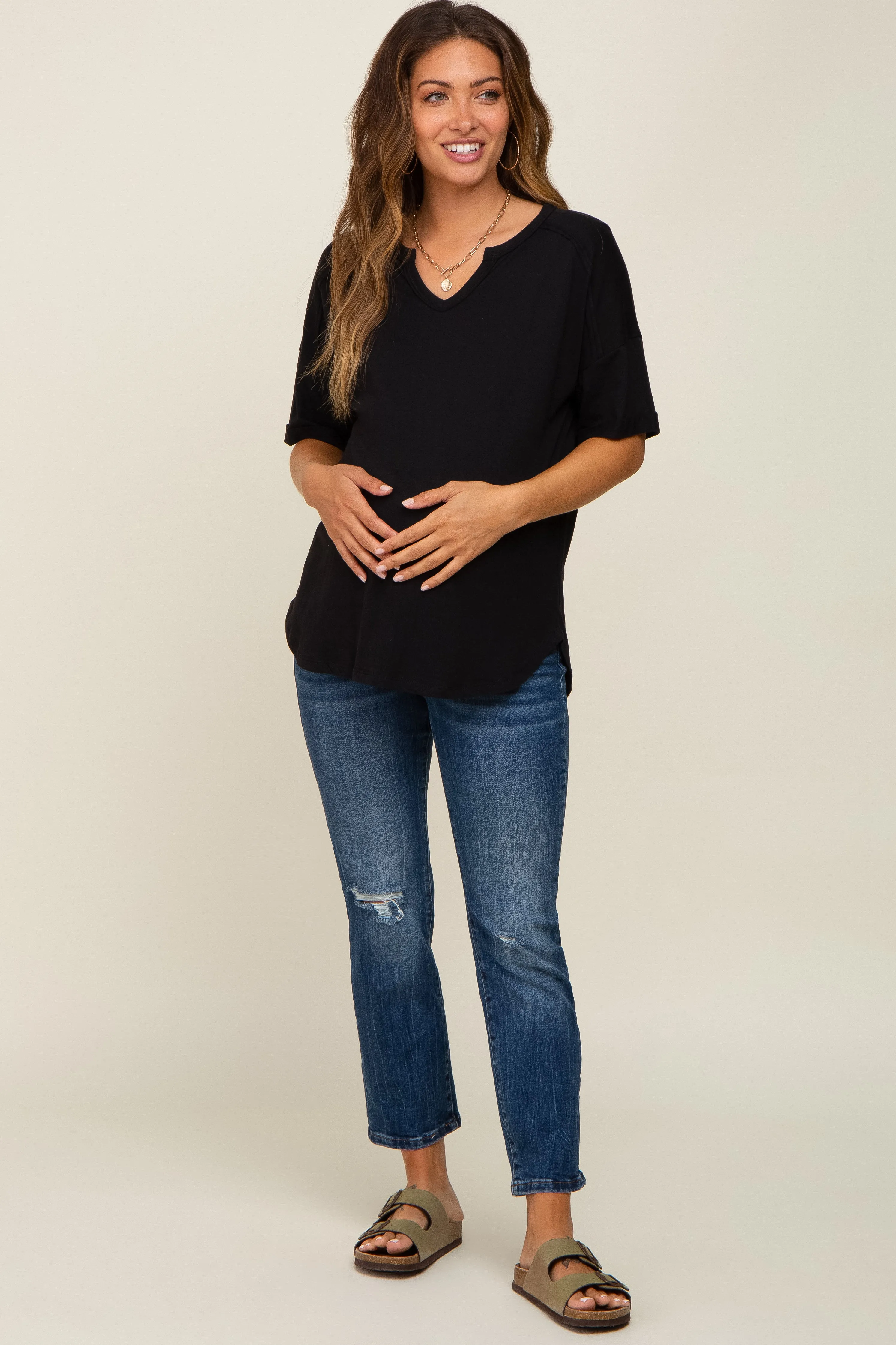 Black Oversized V-Neck Cuffed Short Sleeve Maternity Tee sold by Pinkblush product image thumbnail 4