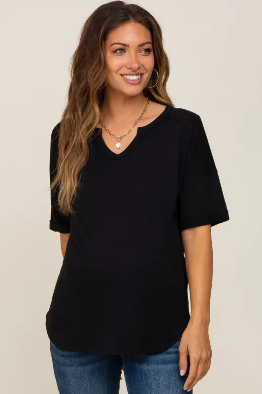 Black Oversized V-Neck Cuffed Short Sleeve Maternity Tee sold by Pinkblush