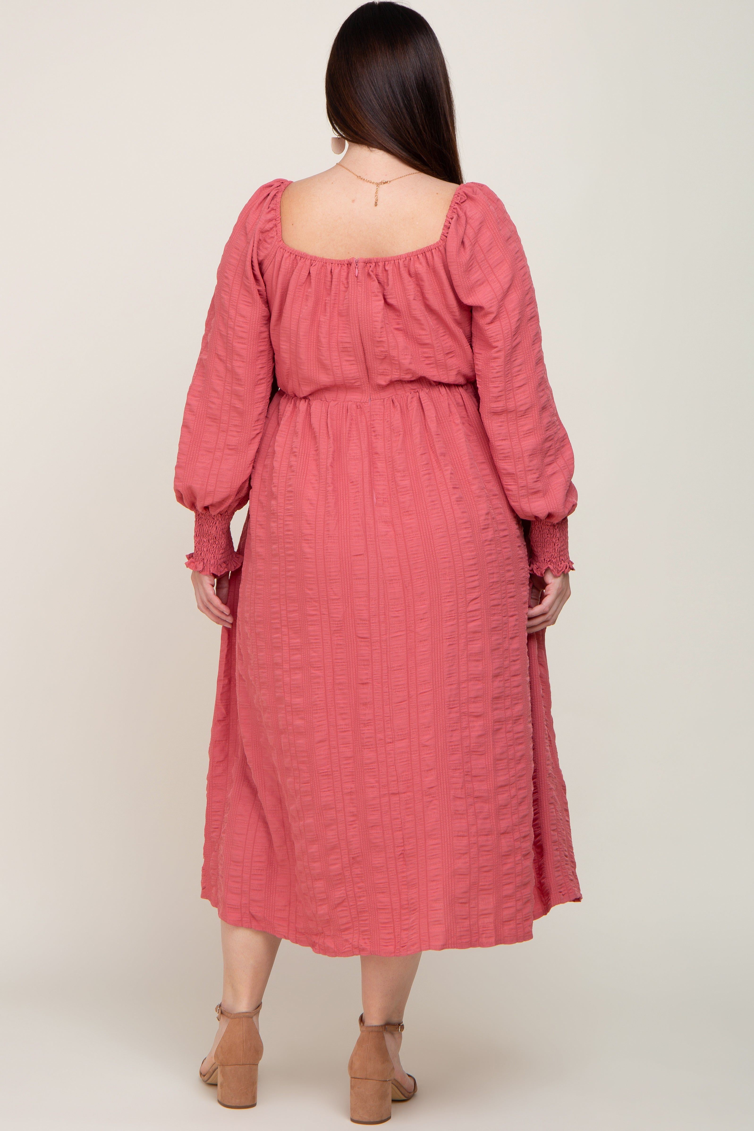 Mauve Wrap Smocked Accent Long Sleeve Plus Dress sold by Pinkblush product image thumbnail 3