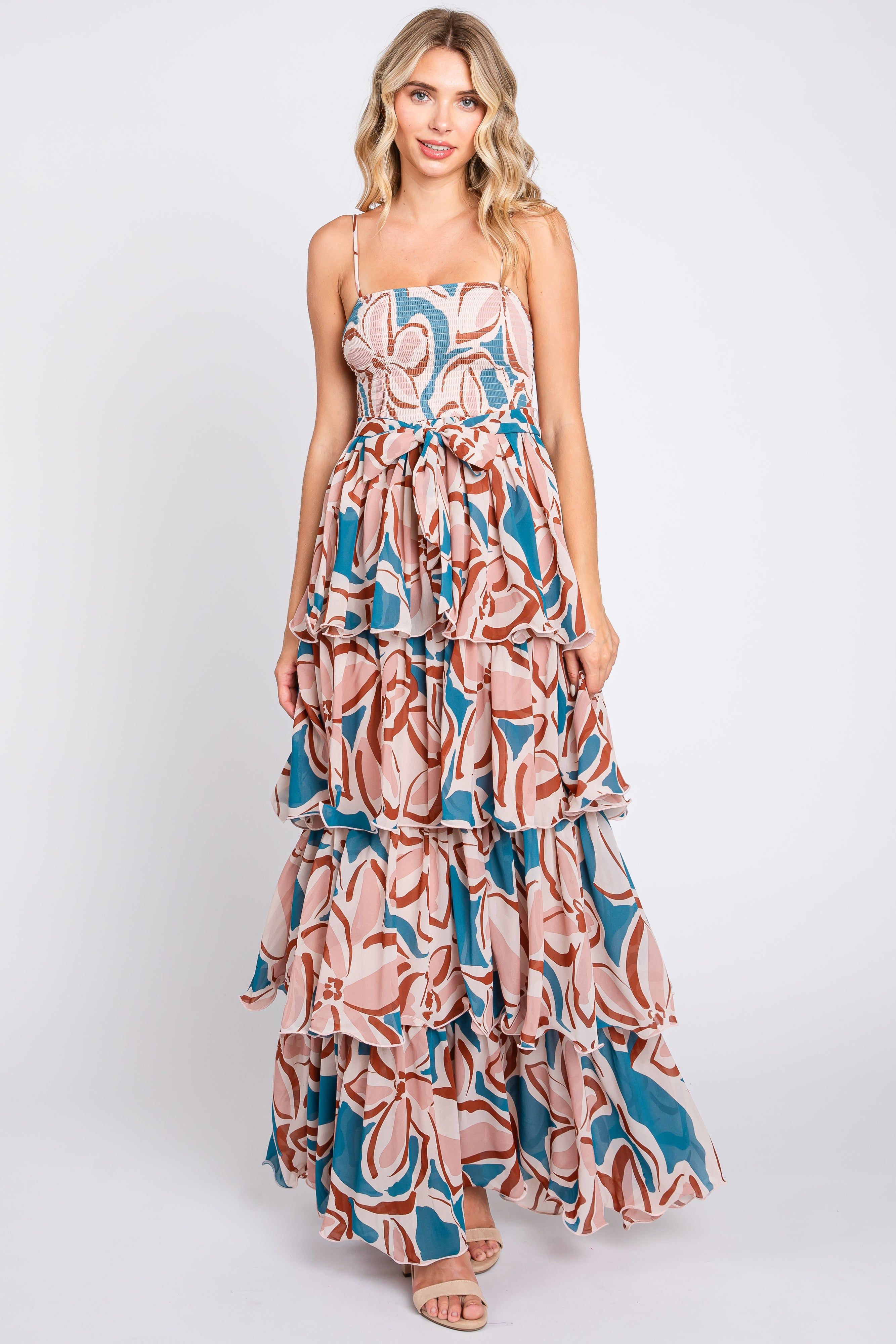 Teal Floral Flounce Tier Maxi Dress sold by Pinkblush