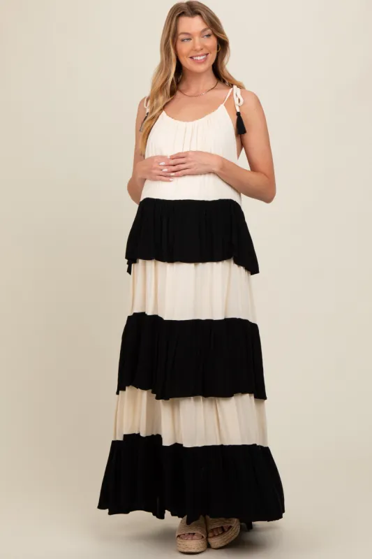 Black Colorblock Tiered Maternity Maxi Dress sold by Pinkblush