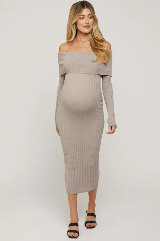 Taupe Rib Knit Off Shoulder Maternity Maxi Dress sold by Pinkblush