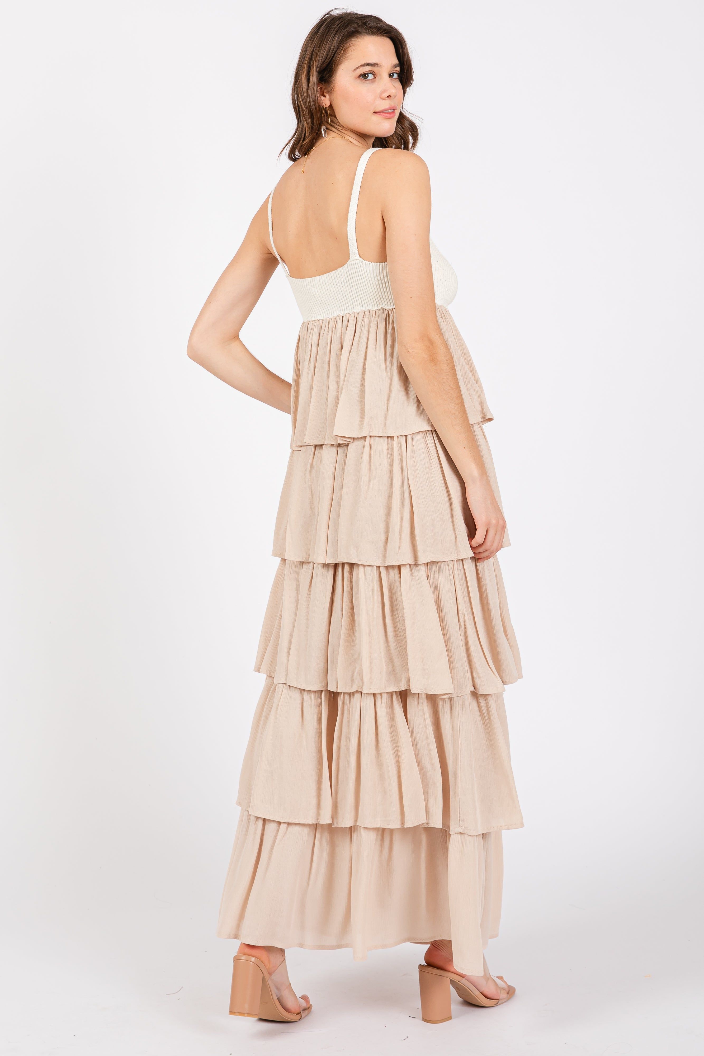 Beige Colorblock Crochet Tiered Maxi Dress sold by Pinkblush product image thumbnail 3