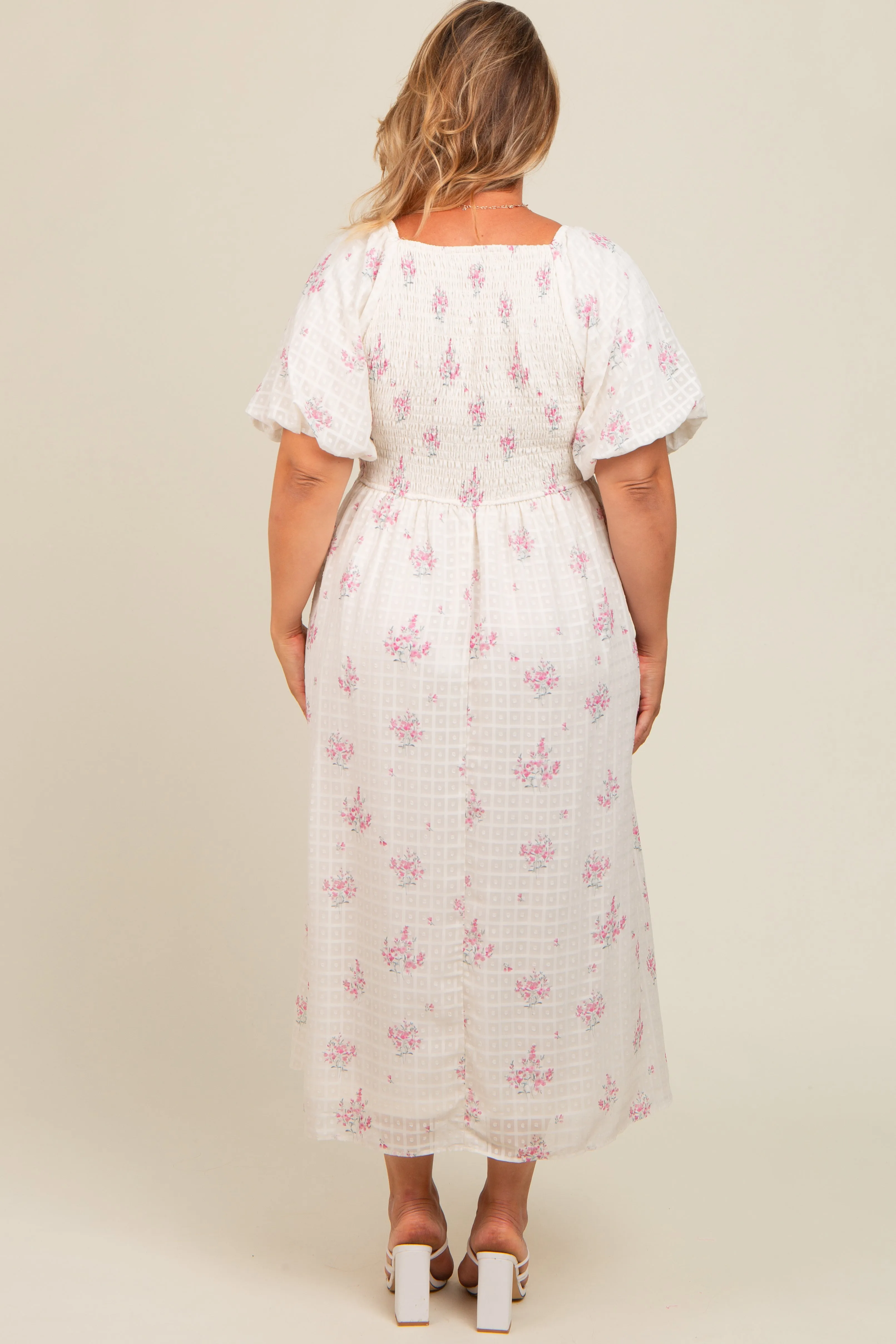 Pink Floral Textured Dot Smocked Sweetheart Neck Maternity Plus Midi Dress sold by Pinkblush product image thumbnail 4