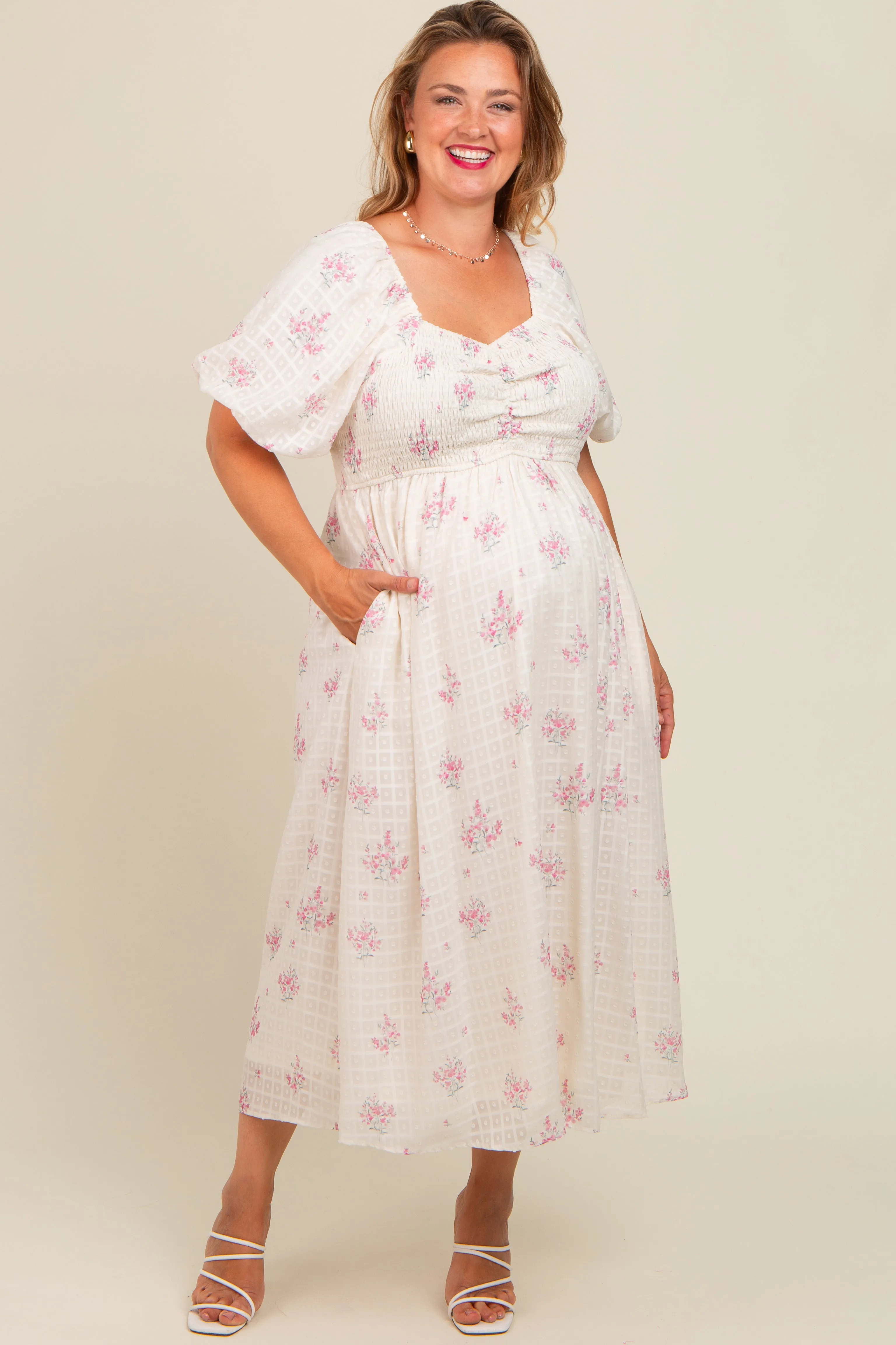 Pink Floral Textured Dot Smocked Sweetheart Neck Maternity Plus Midi Dress sold by Pinkblush