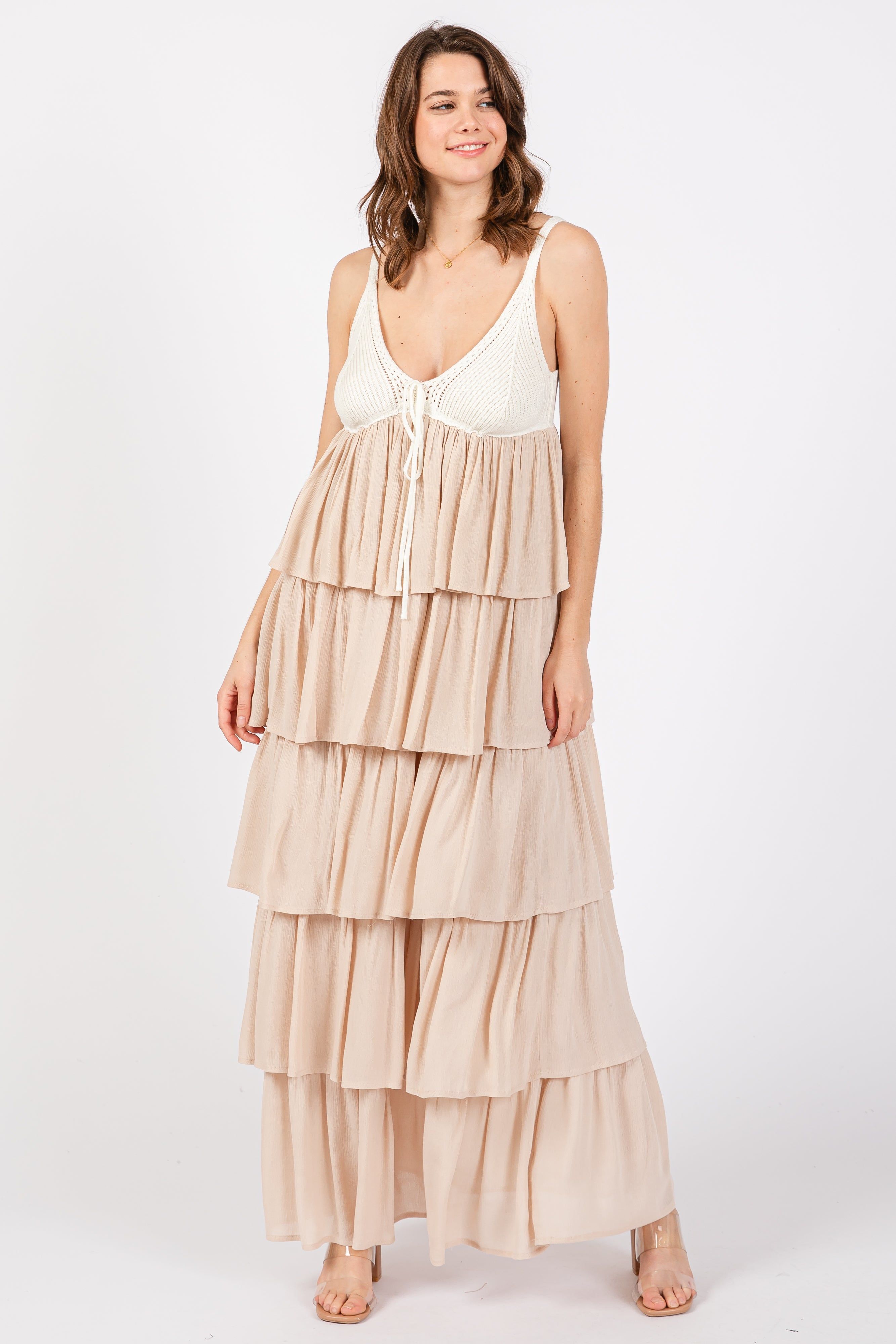 Beige Colorblock Crochet Tiered Maxi Dress sold by Pinkblush