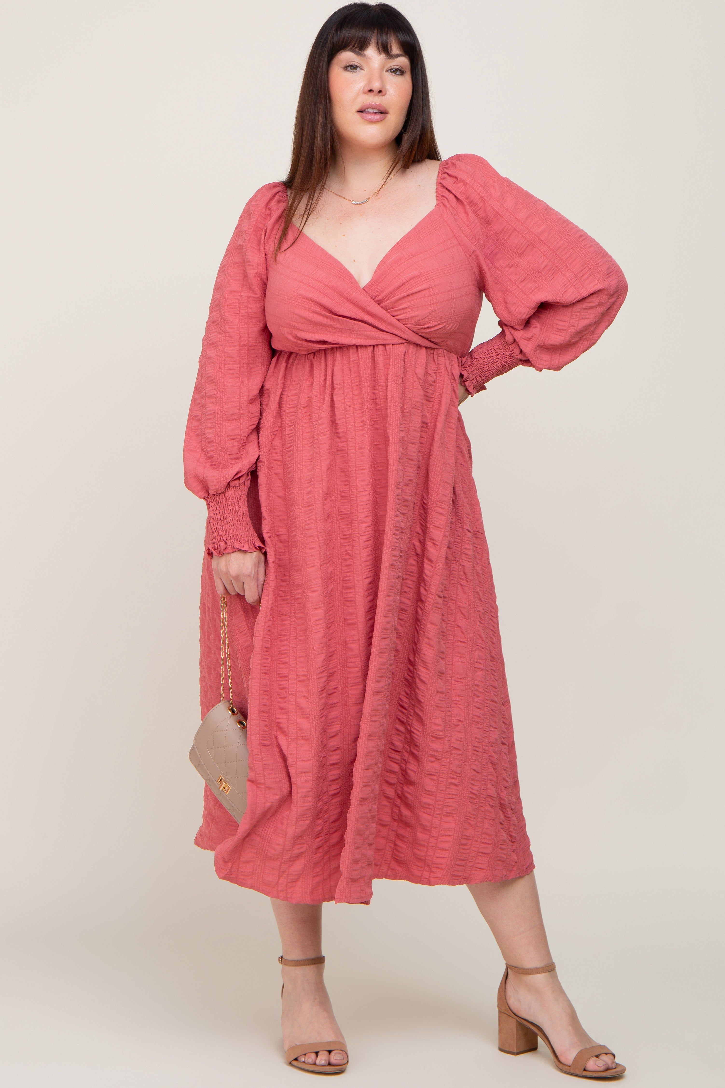 Mauve Wrap Smocked Accent Long Sleeve Plus Dress sold by Pinkblush product image thumbnail 5